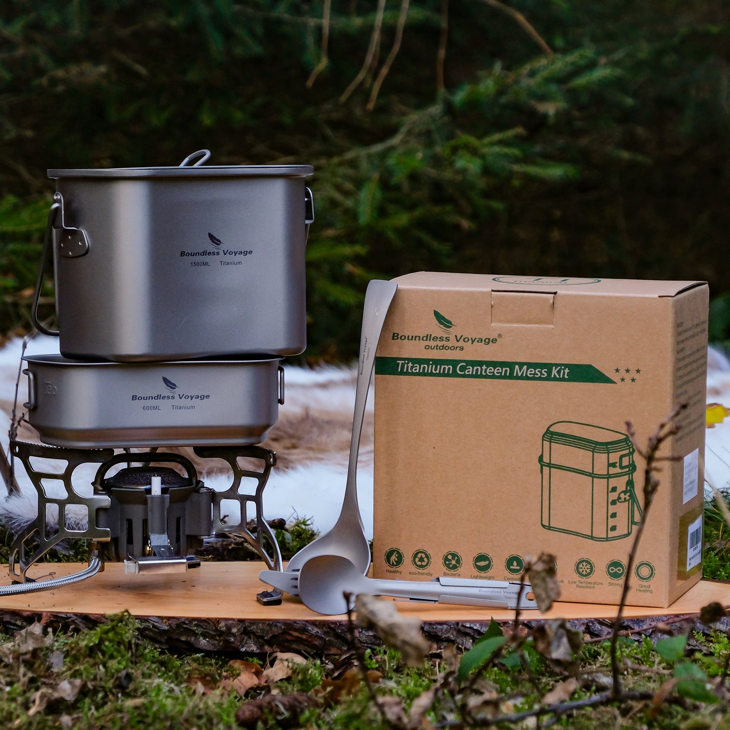 Boundless Voyage Titanium Hanging Cookware Set, 1500ml Pot + 600ml Cup with Lid & Foldable Handles, Ultralight Portable Outdoor Camping Mess Kit Ti2059C