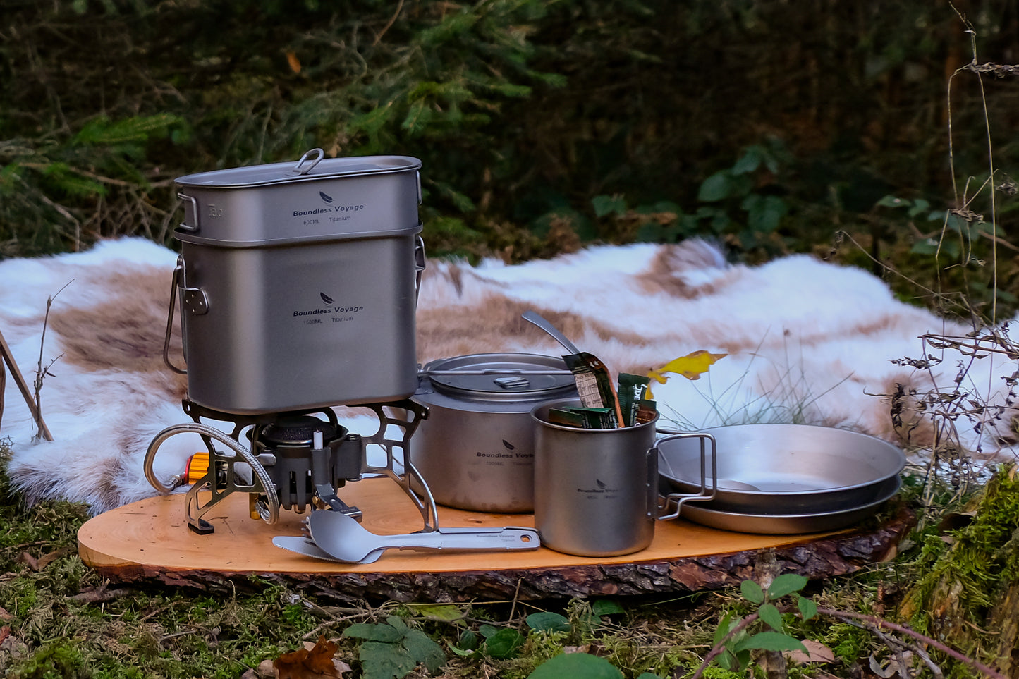 Boundless Voyage Titanium Hanging Cookware Set, 1500ml Pot + 600ml Cup with Lid & Foldable Handles, Ultralight Portable Outdoor Camping Mess Kit Ti2059C