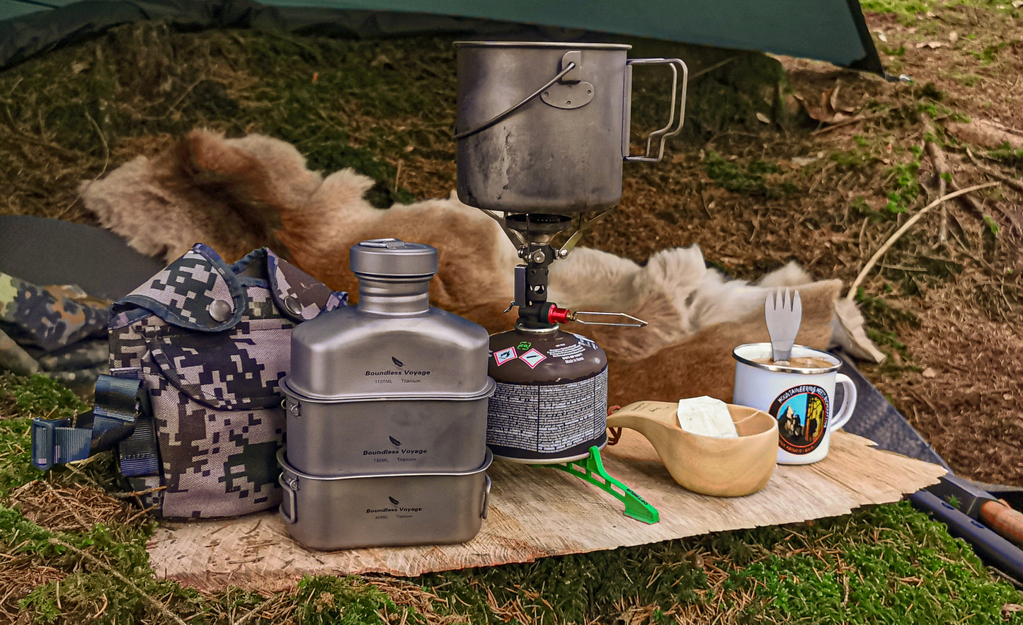 Boundless Voyage Titan-Militär-Feldflaschenbecher-Set, Outdoor-Camping-Wasserflasche, Schüssel, Kessel, Kochset, Essgeschirr Ti2047C-Ti2049C