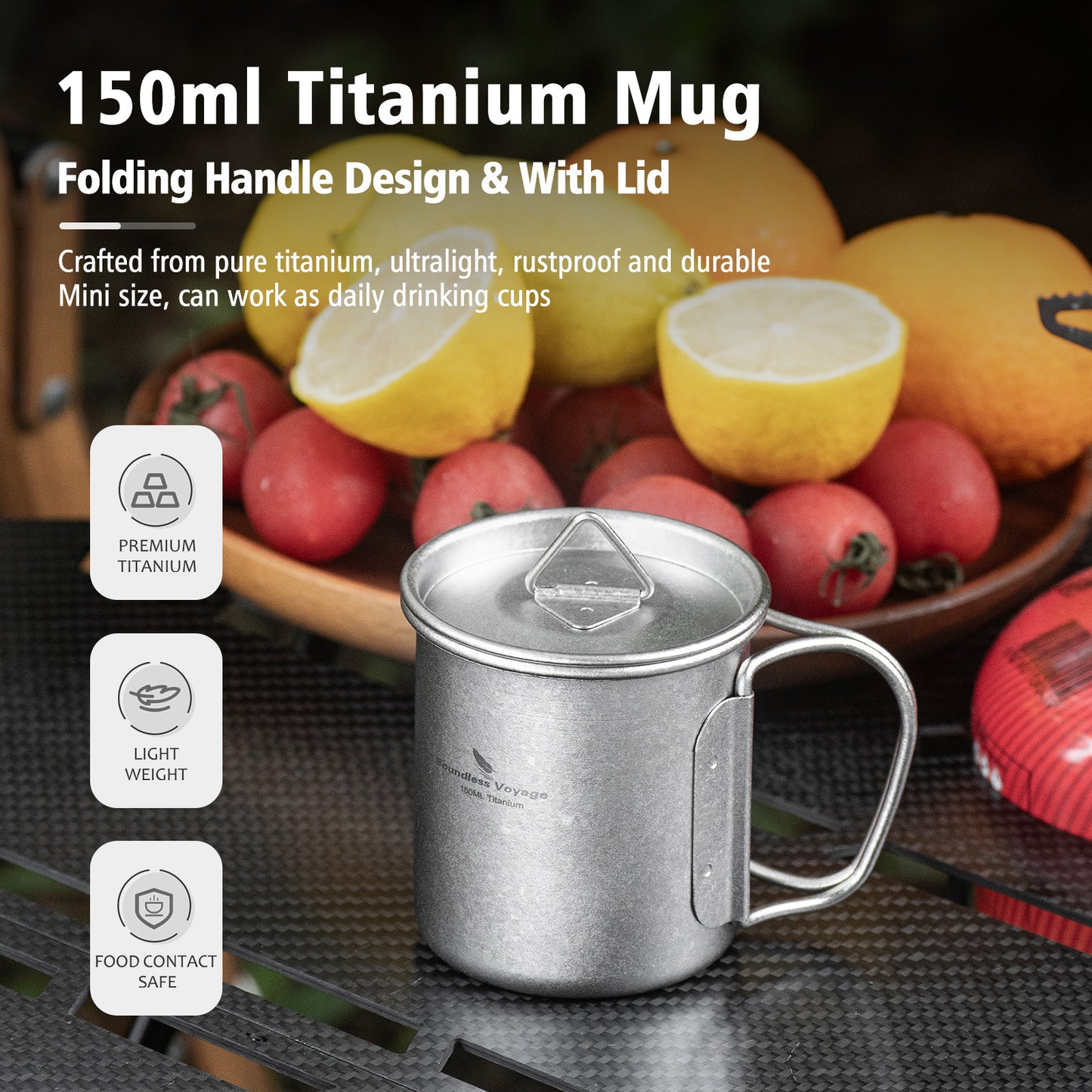 Boundless Voyage Titanium Mug with Lid Crystalline Finish 150ml to 950ml Ultralight for Camping Hiking Ti3038D Ti3043D