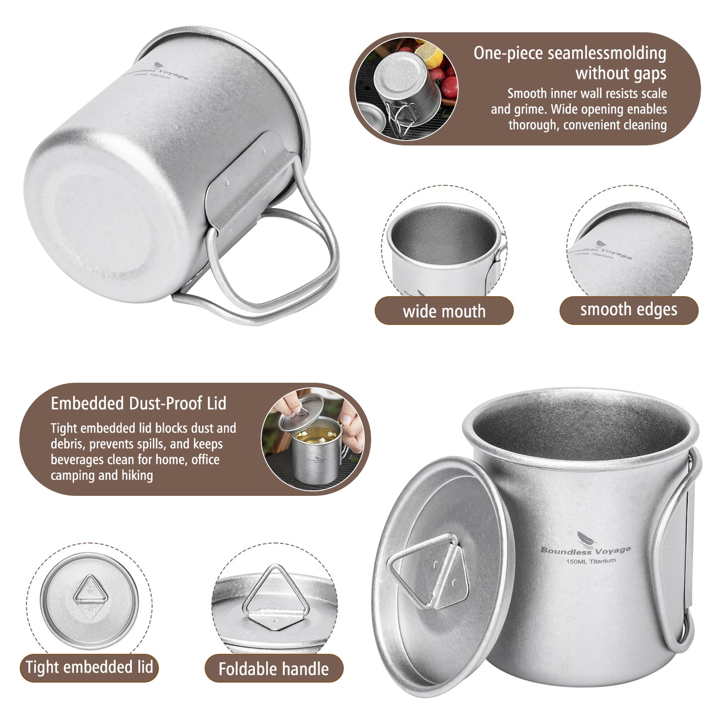 Boundless Voyage Titanium Mug with Lid Crystalline Finish 150ml to 950ml Ultralight for Camping Hiking Ti3038D Ti3043D