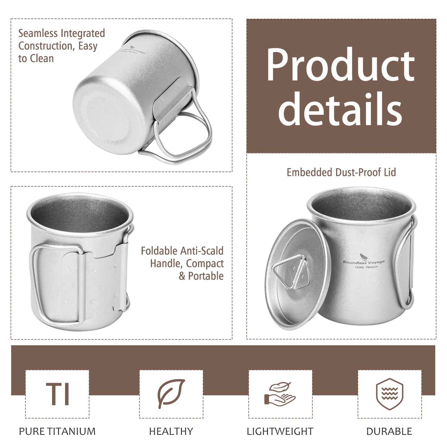 Boundless Voyage Titanium Mug with Lid Crystalline Finish 150ml to 950ml Ultralight for Camping Hiking Ti3038D Ti3043D