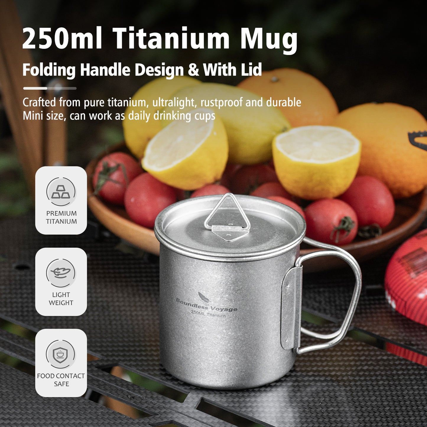 Boundless Voyage Titanium Mug with Lid Crystalline Finish 150ml to 950ml Ultralight for Camping Hiking Ti3038D Ti3043D