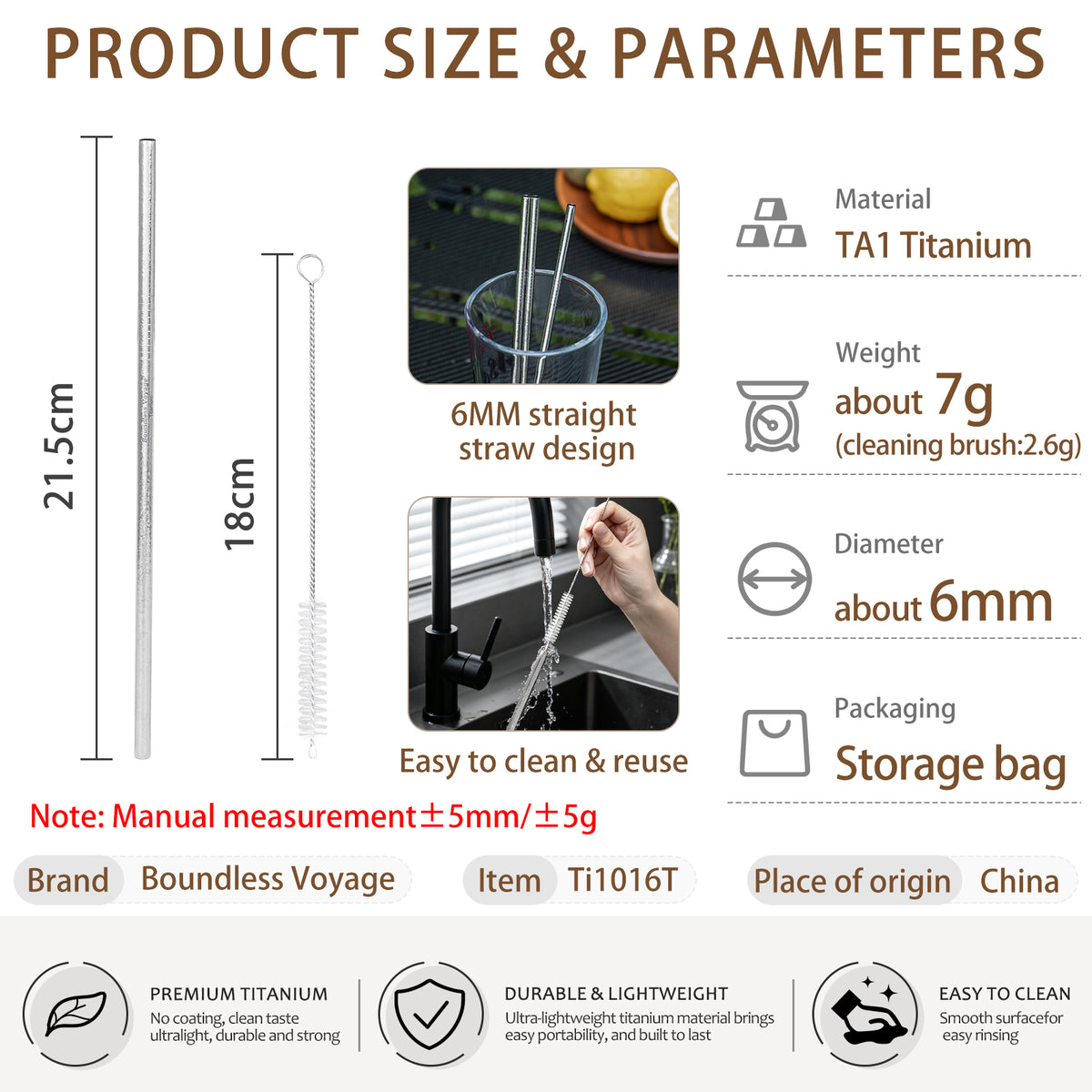 Boundless Voyage Titanium Drinking Straws, Reusable Pure Titanium Metal Straws 6mm 8mm Ti1016T Ti1017T