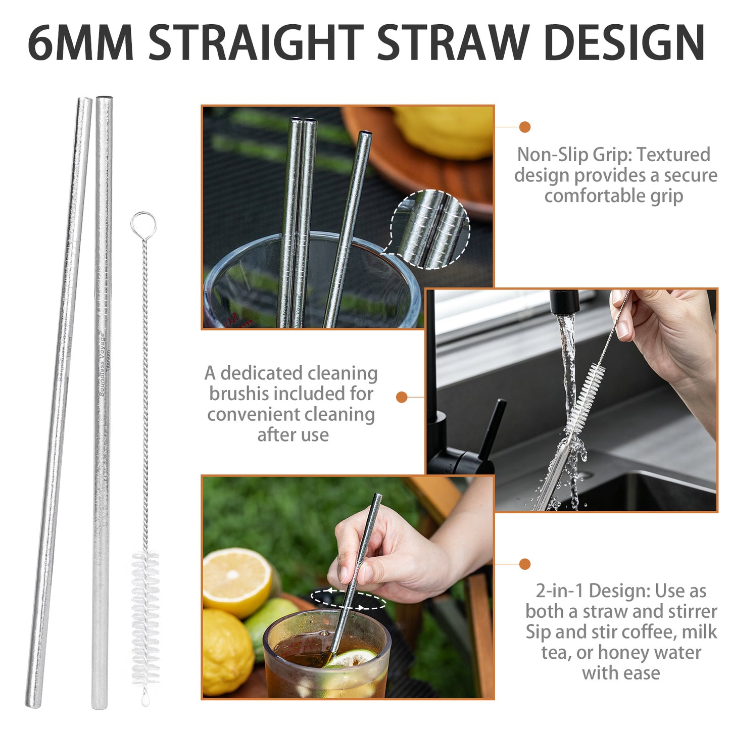 Boundless Voyage Titanium Drinking Straws, Reusable Pure Titanium Metal Straws 6mm 8mm Ti1016T Ti1017T