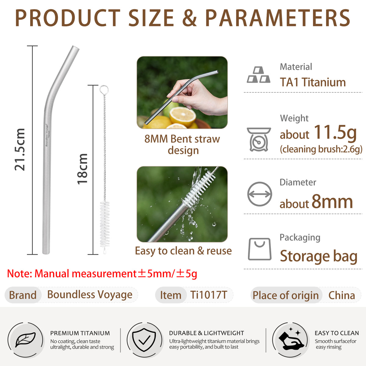 Boundless Voyage Titanium Drinking Straws, Reusable Pure Titanium Metal Straws 6mm 8mm Ti1016T Ti1017T