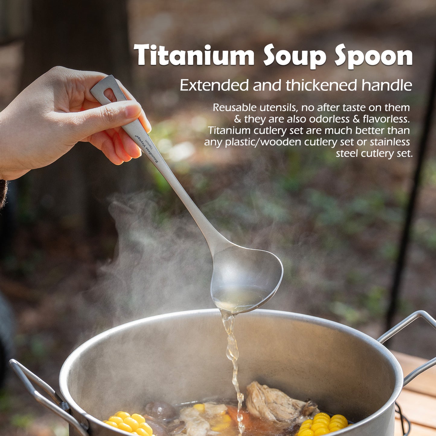 Boundless Voyage Titanium Long Handle Ladle Soup Spoon Thickeness Tableware Porridge Stew Sauce Deep-bowled Ladle Scoop Kitchen Cooking Utensils Ti1059T