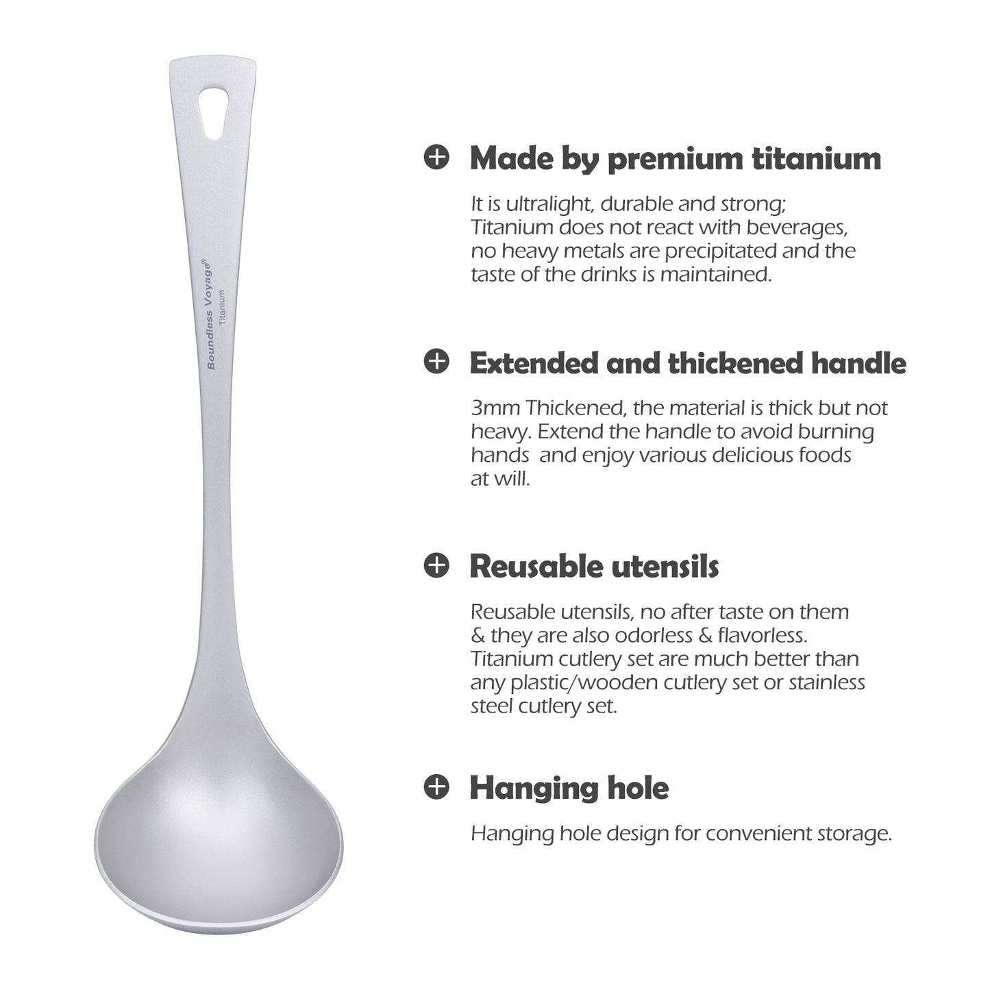 Boundless Voyage Titanium Long Handle Ladle Soup Spoon Thickeness Tableware Porridge Stew Sauce Deep-bowled Ladle Scoop Kitchen Cooking Utensils Ti1059T