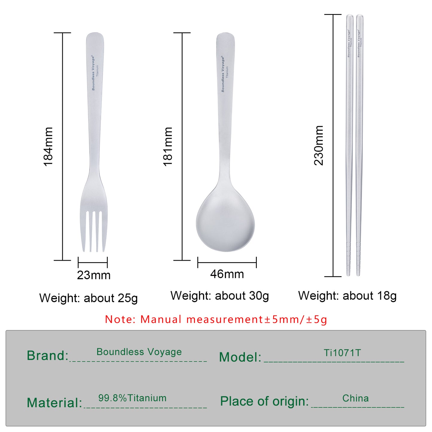 Boundless Voyage Titanium Spoon Fork Chopsticks Set, Ultralight Portable Outdoor Camping Cutlery for Soup Daily Meals Ti1068T-Ti1071T