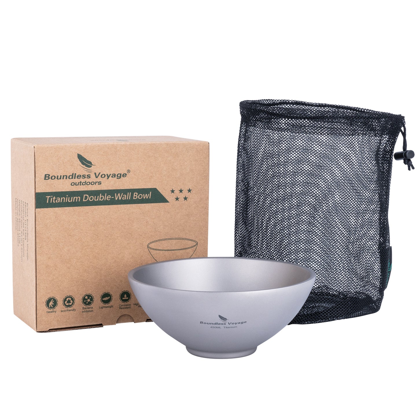 Boundless Voyage Titanium Double-Wall Bowl Set, 220ml & 450ml Nestable Anti-Scald for Family Camping Ti1085T Ti1086T