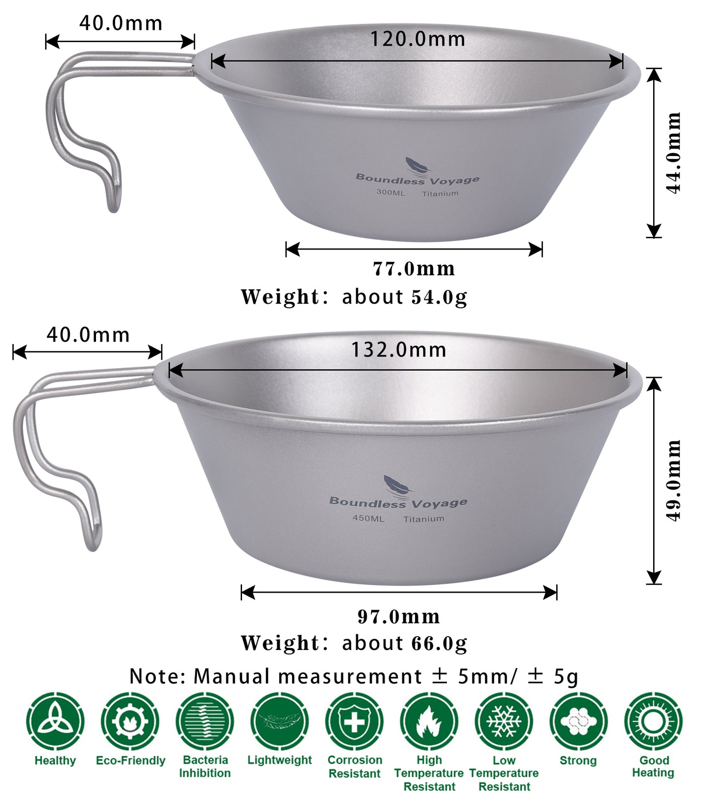Boundless Voyage Sandblasted Pure Titanium Sierra Cup Bowl with Handle 300ml / 450ml | Portable Outdoor Mug Cookware Tableware for Camping & Hiking Ti1090T-Ti1092T