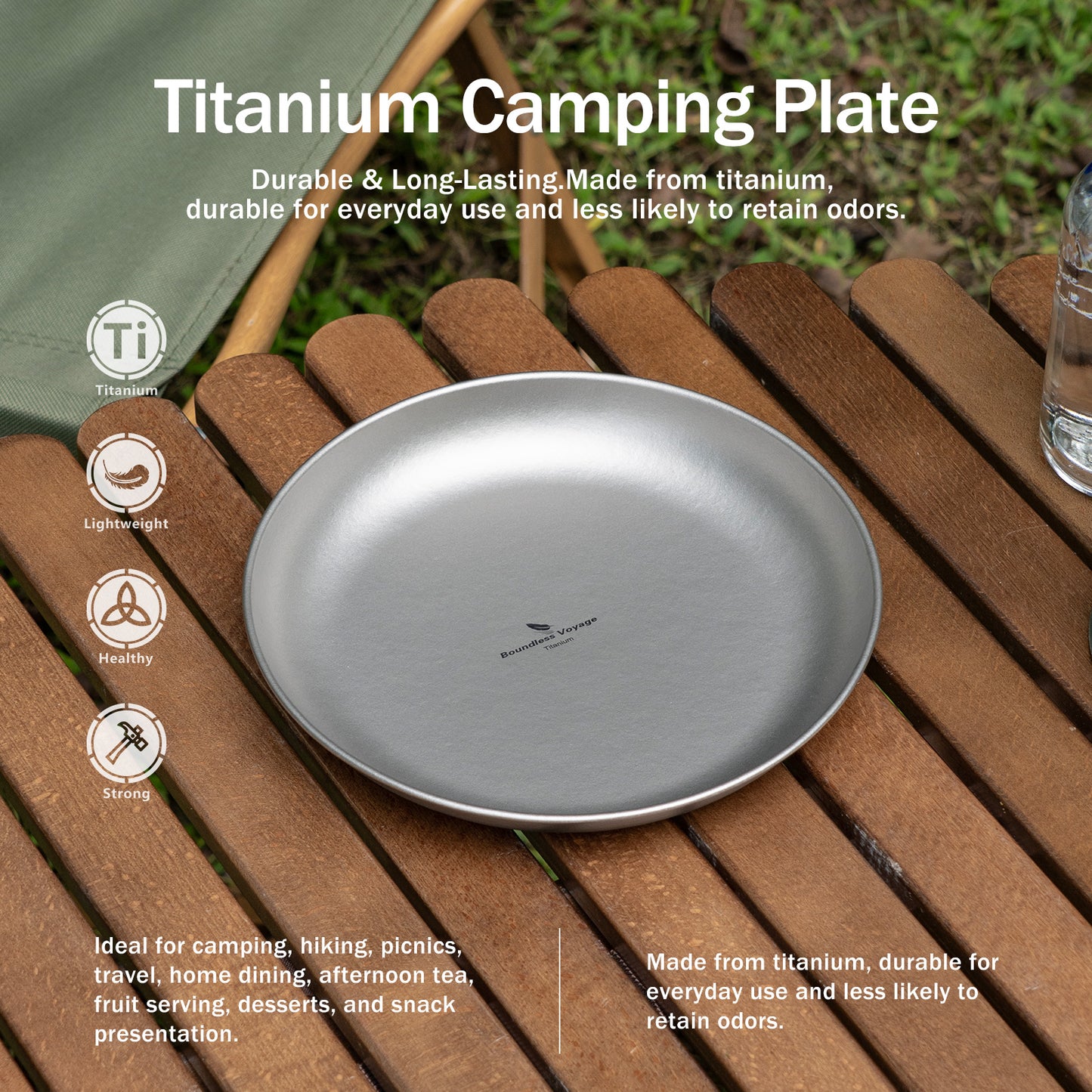 Boundless Voyage Pure Titanium Round Plate with Sand-Blast Matte Finish | Lightweight Portable Camping Tableware S/M/L Single & 3Pcs Set for Outdoor Travel Home Ti1101T-Ti1104T