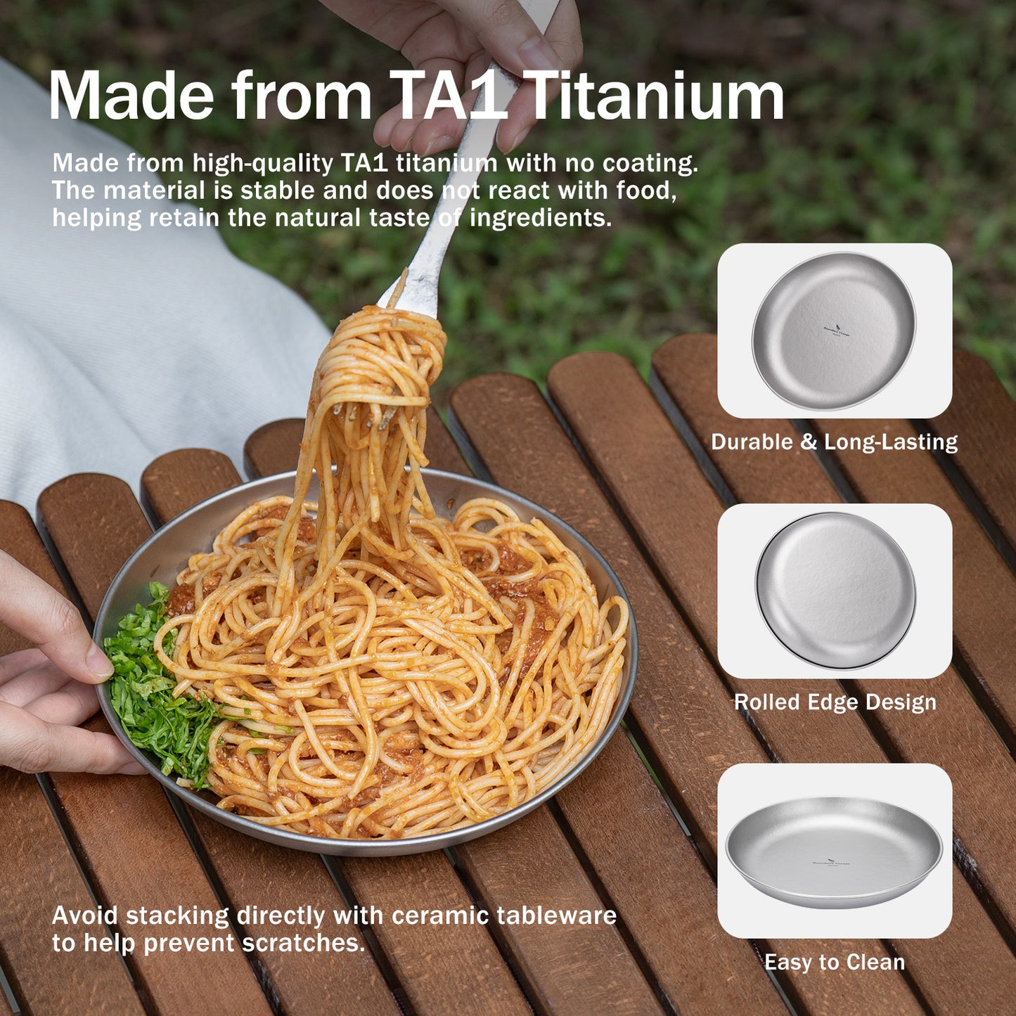 Boundless Voyage Pure Titanium Round Plate with Sand-Blast Matte Finish | Lightweight Portable Camping Tableware S/M/L Single & 3Pcs Set for Outdoor Travel Home Ti1101T-Ti1104T
