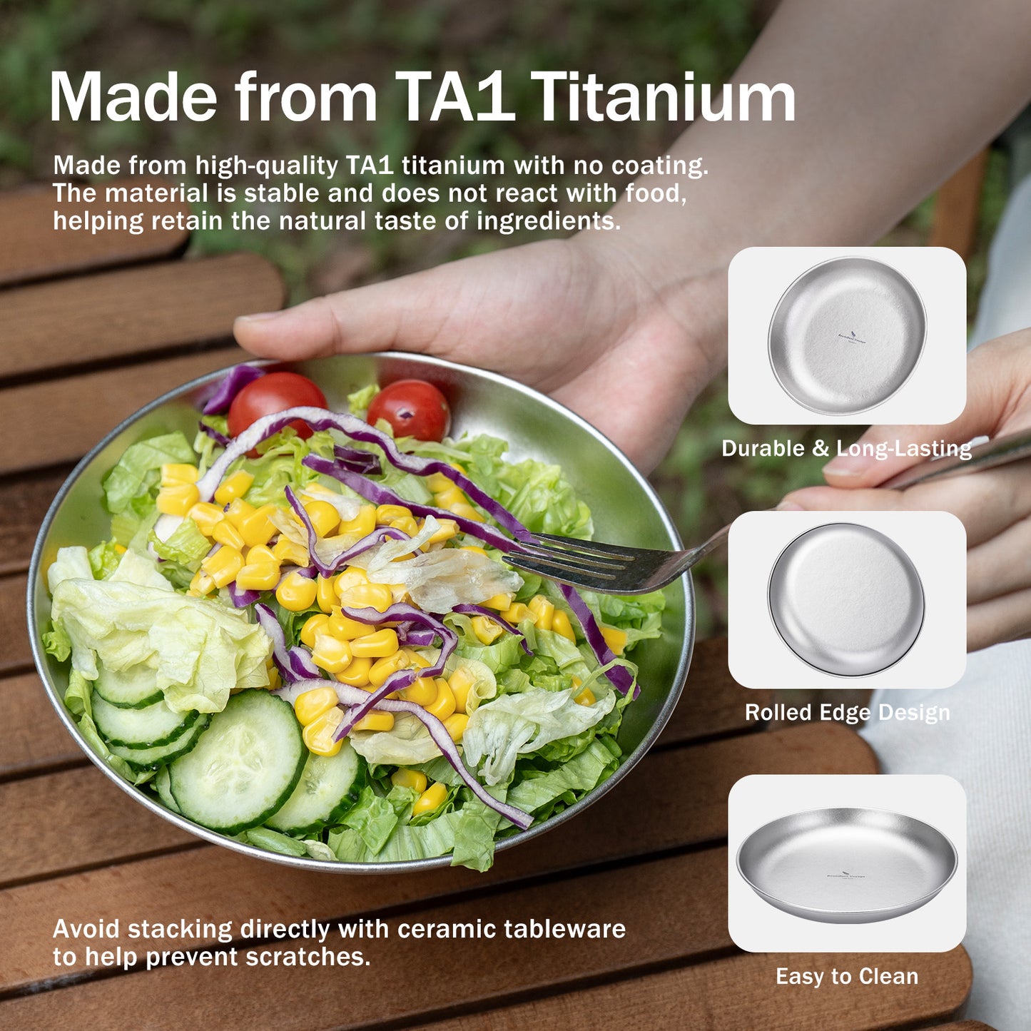 Boundless Voyage Pure Titanium Round Plate with High-Temp Crystallized Ice Texture Finish | Lightweight Portable Camping Tableware S/M/L Single & 3Pcs Set for Outdoor Travel Home  Ti1101T-Ti1104T