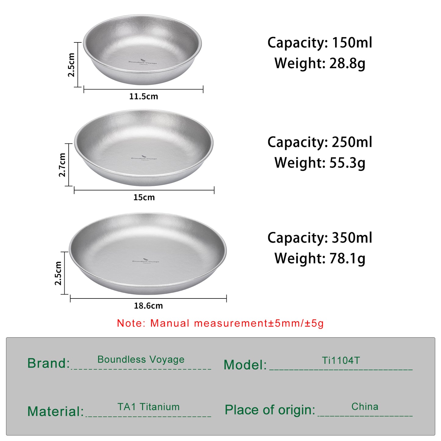 Boundless Voyage Pure Titanium Round Plate with Sand-Blast Matte Finish | Lightweight Portable Camping Tableware S/M/L Single & 3Pcs Set for Outdoor Travel Home Ti1101T-Ti1104T