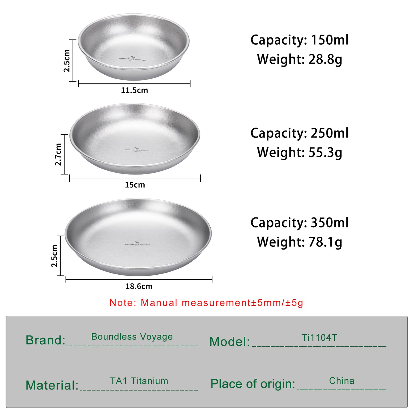 Boundless Voyage Pure Titanium Round Plate with High-Temp Crystallized Ice Texture Finish | Lightweight Portable Camping Tableware S/M/L Single & 3Pcs Set for Outdoor Travel Home  Ti1101T-Ti1104T