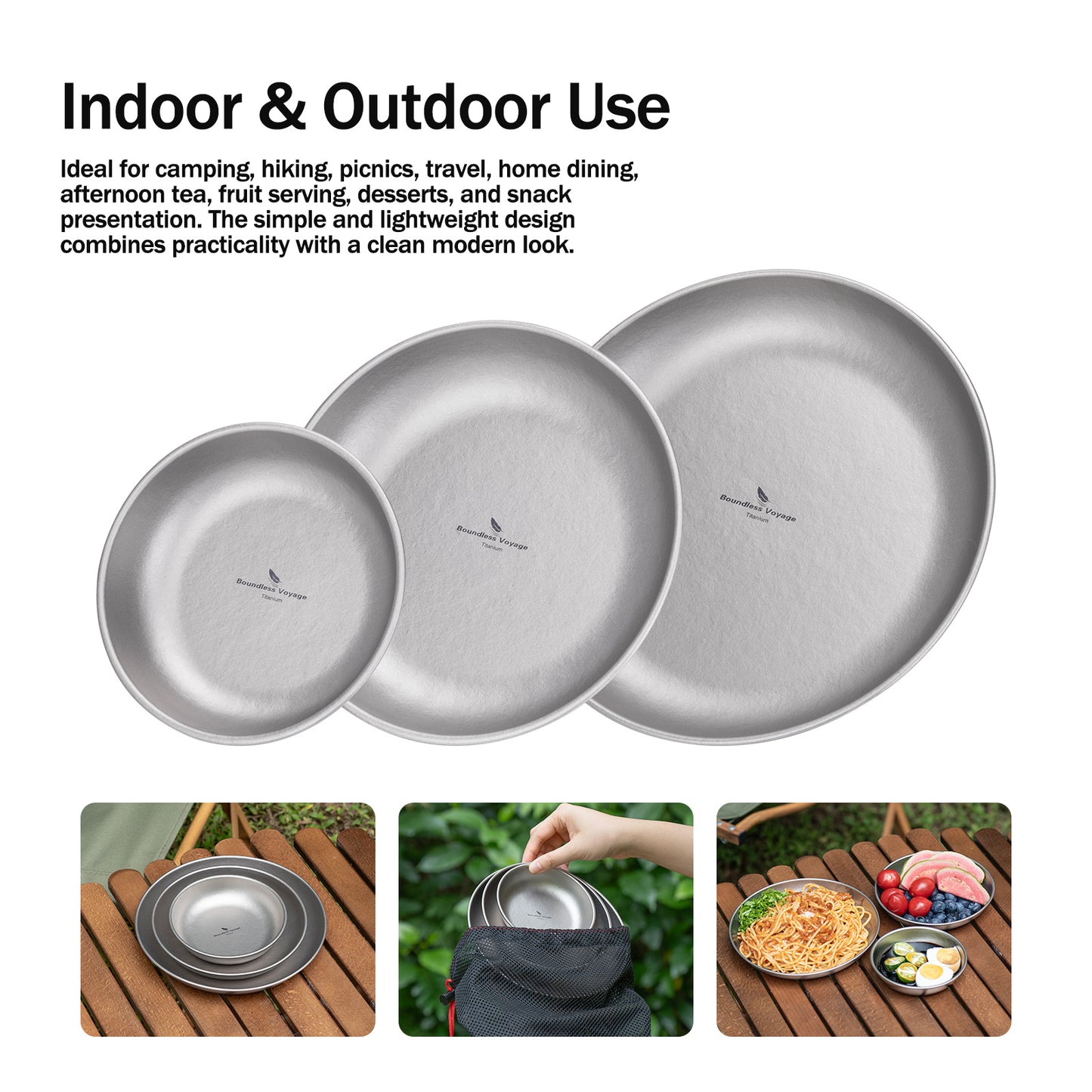 Boundless Voyage Pure Titanium Round Plate with Sand-Blast Matte Finish | Lightweight Portable Camping Tableware S/M/L Single & 3Pcs Set for Outdoor Travel Home Ti1101T-Ti1104T