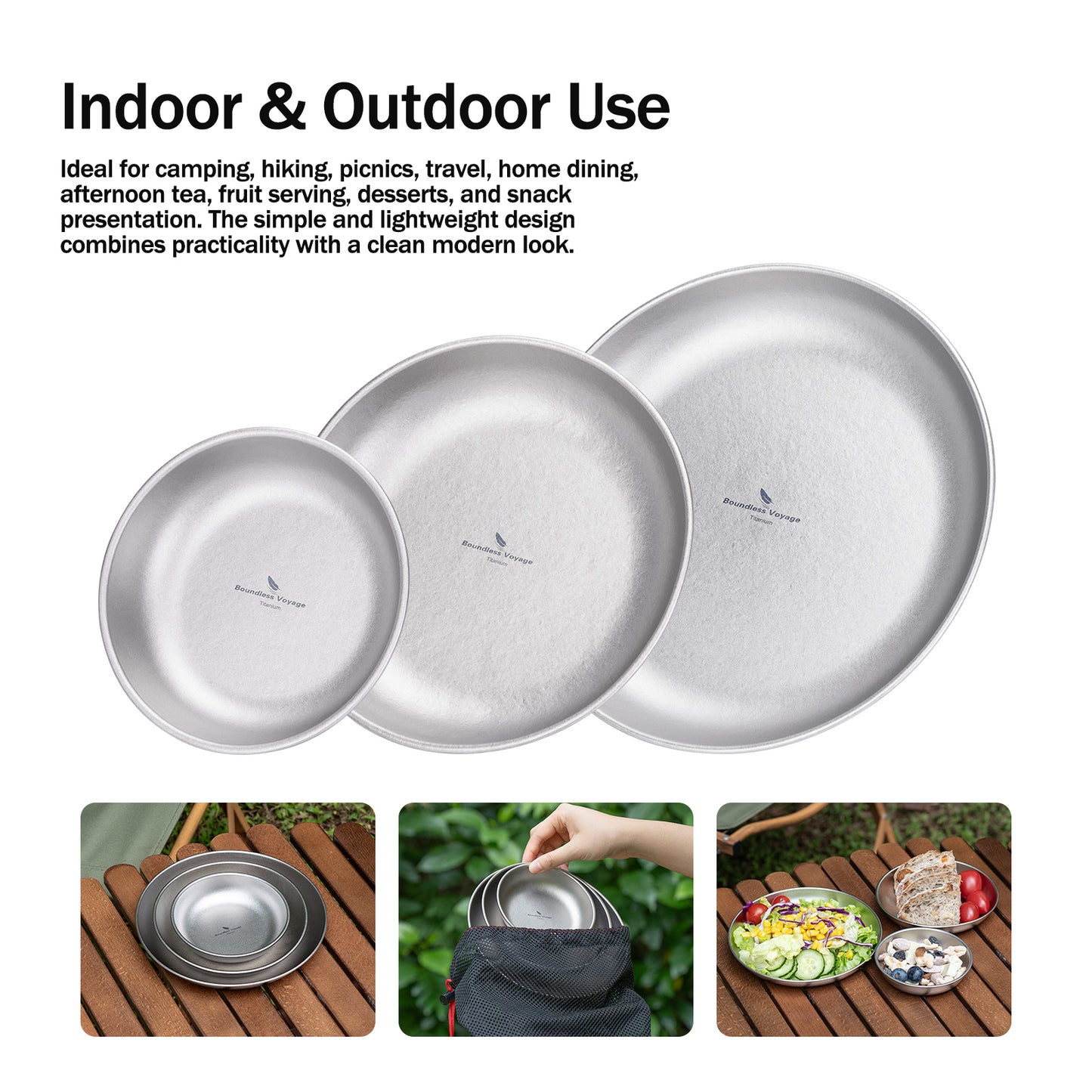 Boundless Voyage Pure Titanium Round Plate with High-Temp Crystallized Ice Texture Finish | Lightweight Portable Camping Tableware S/M/L Single & 3Pcs Set for Outdoor Travel Home  Ti1101T-Ti1104T