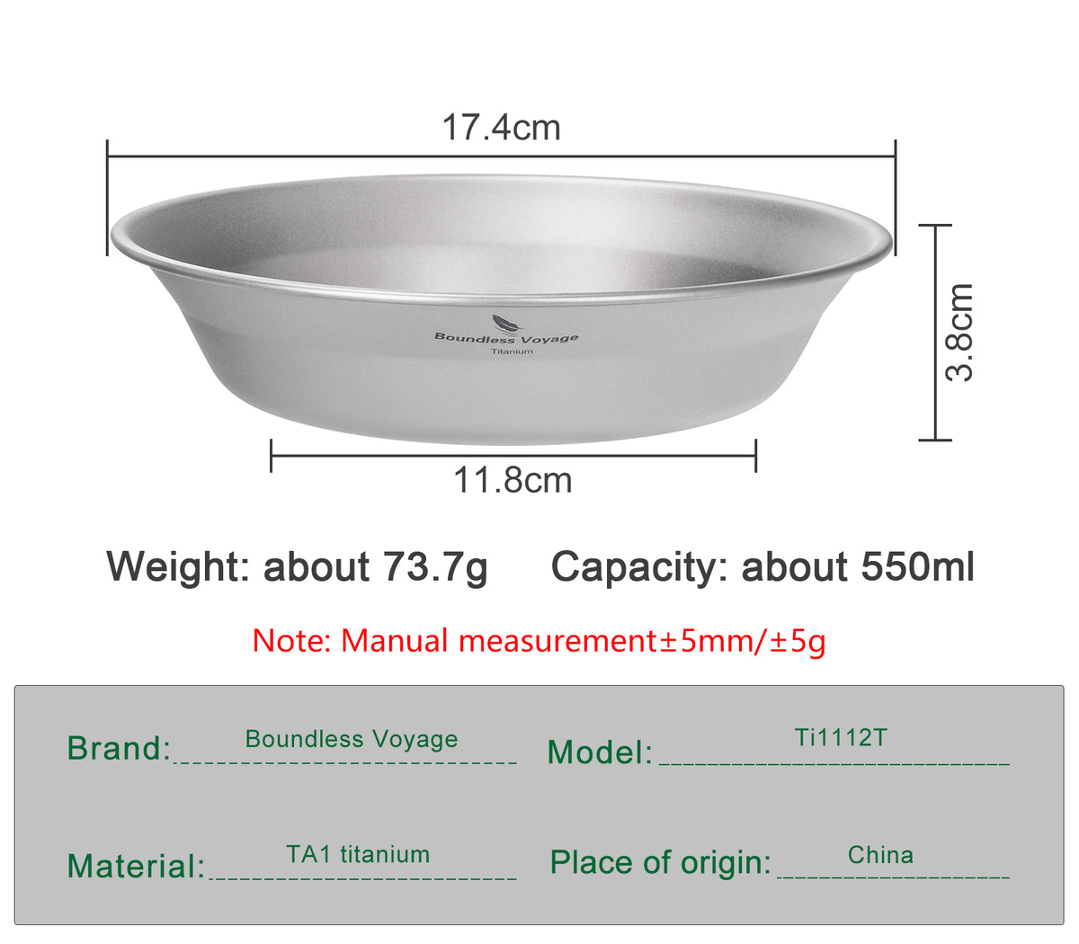 Boundless Voyage Titanium Camping Bowl and Plate Ultralight Outdoor Tableware with Carry Bag for Hiking Backpacking Ti1111T/Ti1112T/Ti1113T