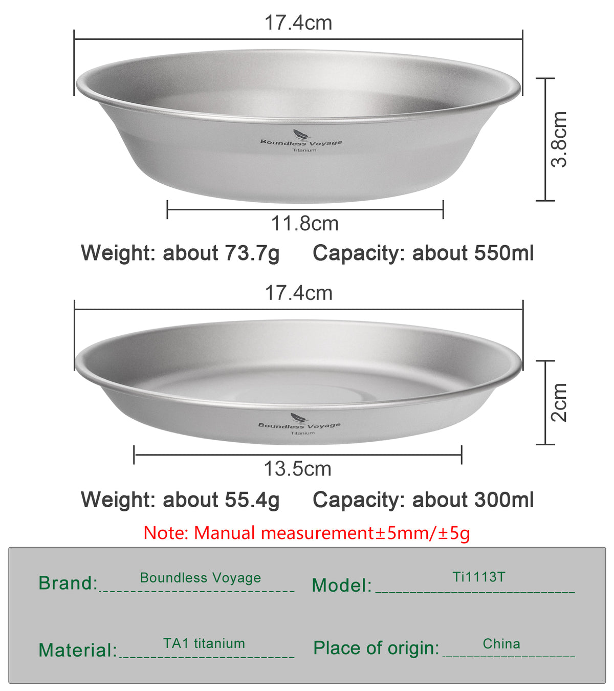 Boundless Voyage Titanium Camping Bowl and Plate Ultralight Outdoor Tableware with Carry Bag for Hiking Backpacking Ti1111T/Ti1112T/Ti1113T