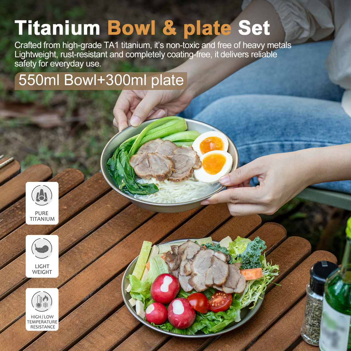 Boundless Voyage Titanium Camping Bowl and Plate Ultralight Outdoor Tableware with Carry Bag for Hiking Backpacking Ti1111T/Ti1112T/Ti1113T