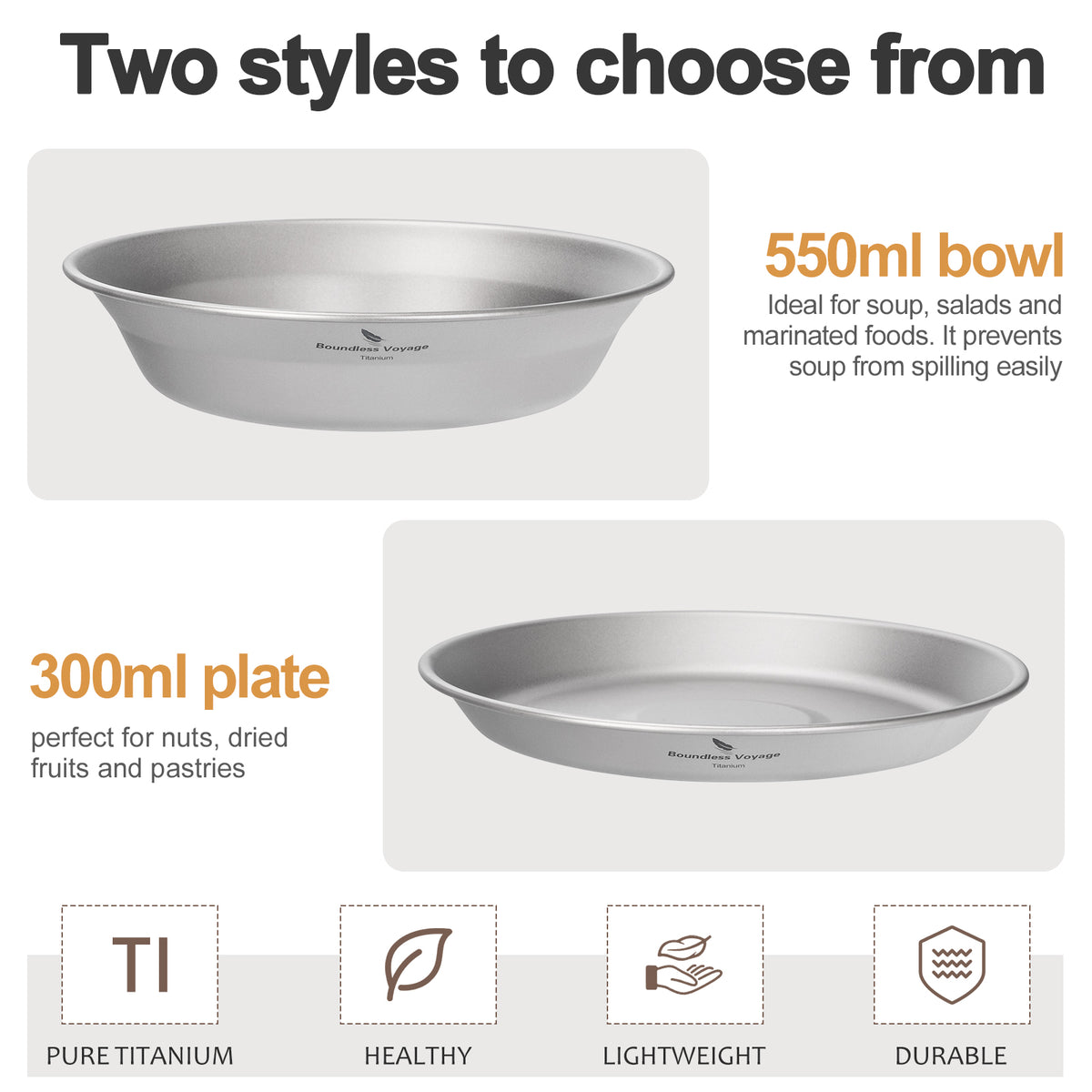 Boundless Voyage Titanium Camping Bowl and Plate Ultralight Outdoor Tableware with Carry Bag for Hiking Backpacking Ti1111T/Ti1112T/Ti1113T