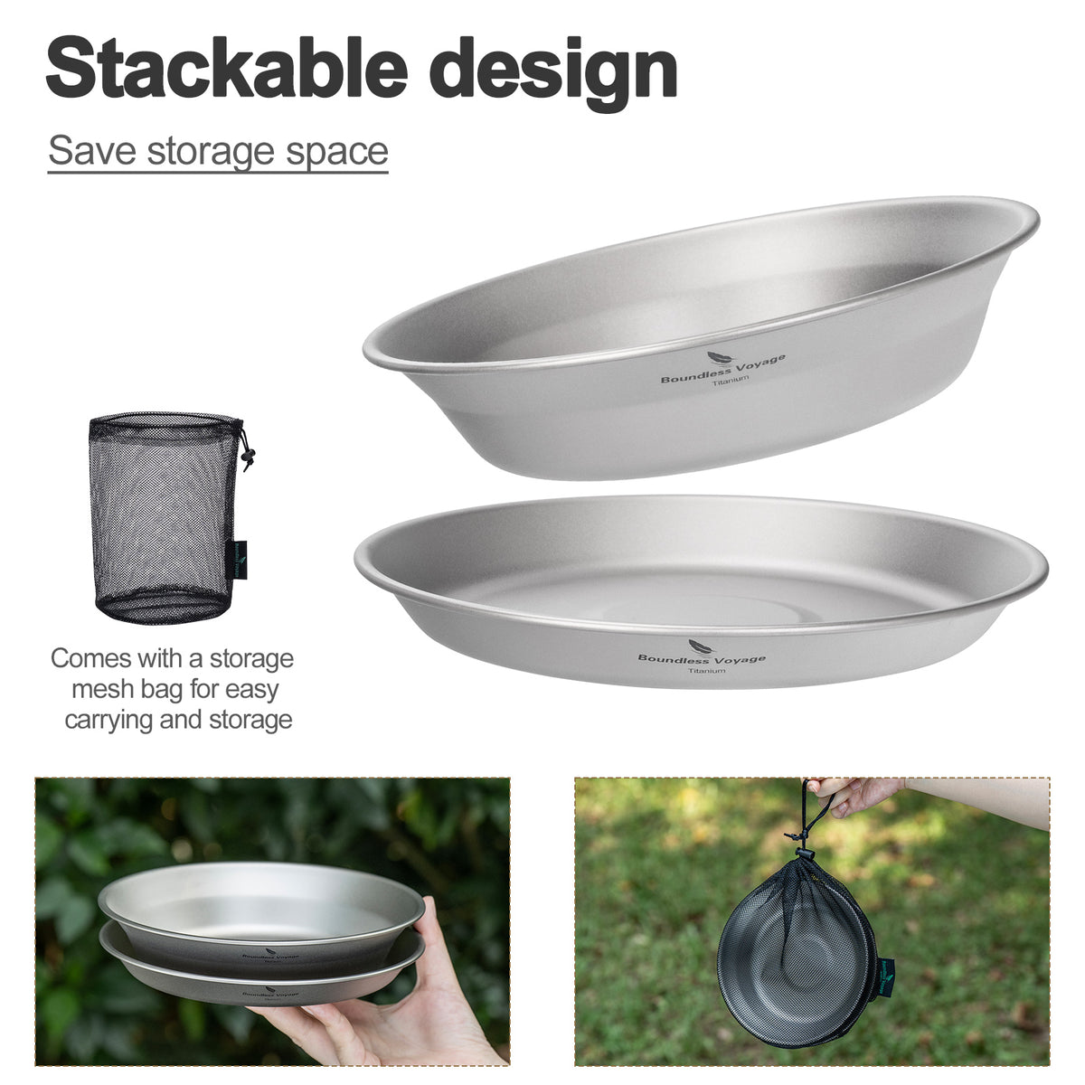 Boundless Voyage Titanium Camping Bowl and Plate Ultralight Outdoor Tableware with Carry Bag for Hiking Backpacking Ti1111T/Ti1112T/Ti1113T