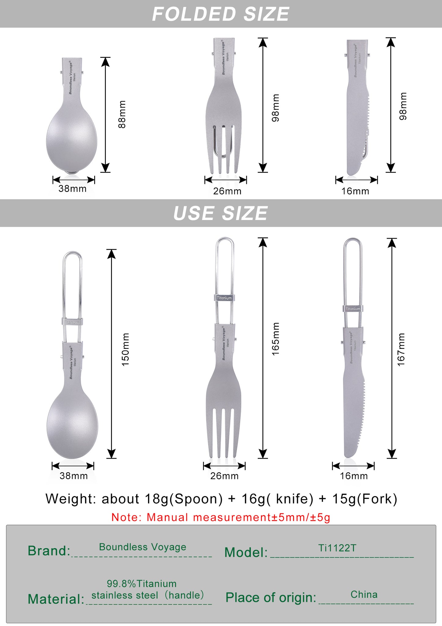 Boundless Voyage Titanium Folding Cutlery Set, 3Pcs Foldable Knife, Fork & Spoon, Ultralight Portable Tableware for Camping, Hiking, Picnic & Daily Home Use