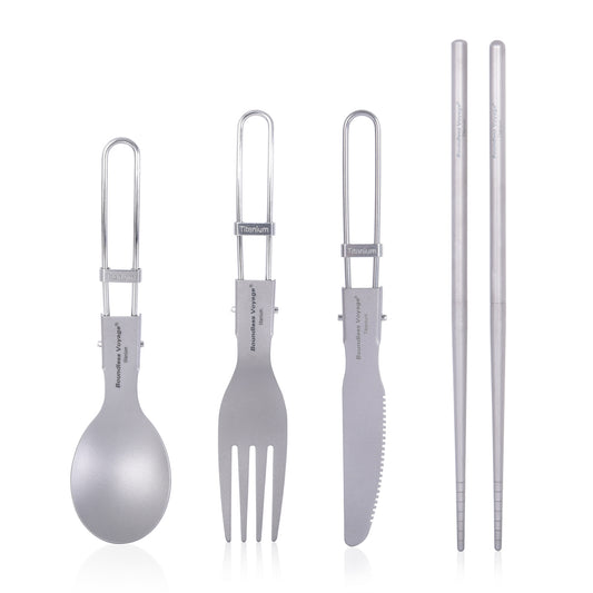 Boundless Voyage 4-Pcs Titanium Folding Cutlery Set Foldable Knife Fork Spoon Chopsticks Ultralight Portable Tableware Camping Hiking Picnic Daily Use Ti1123T