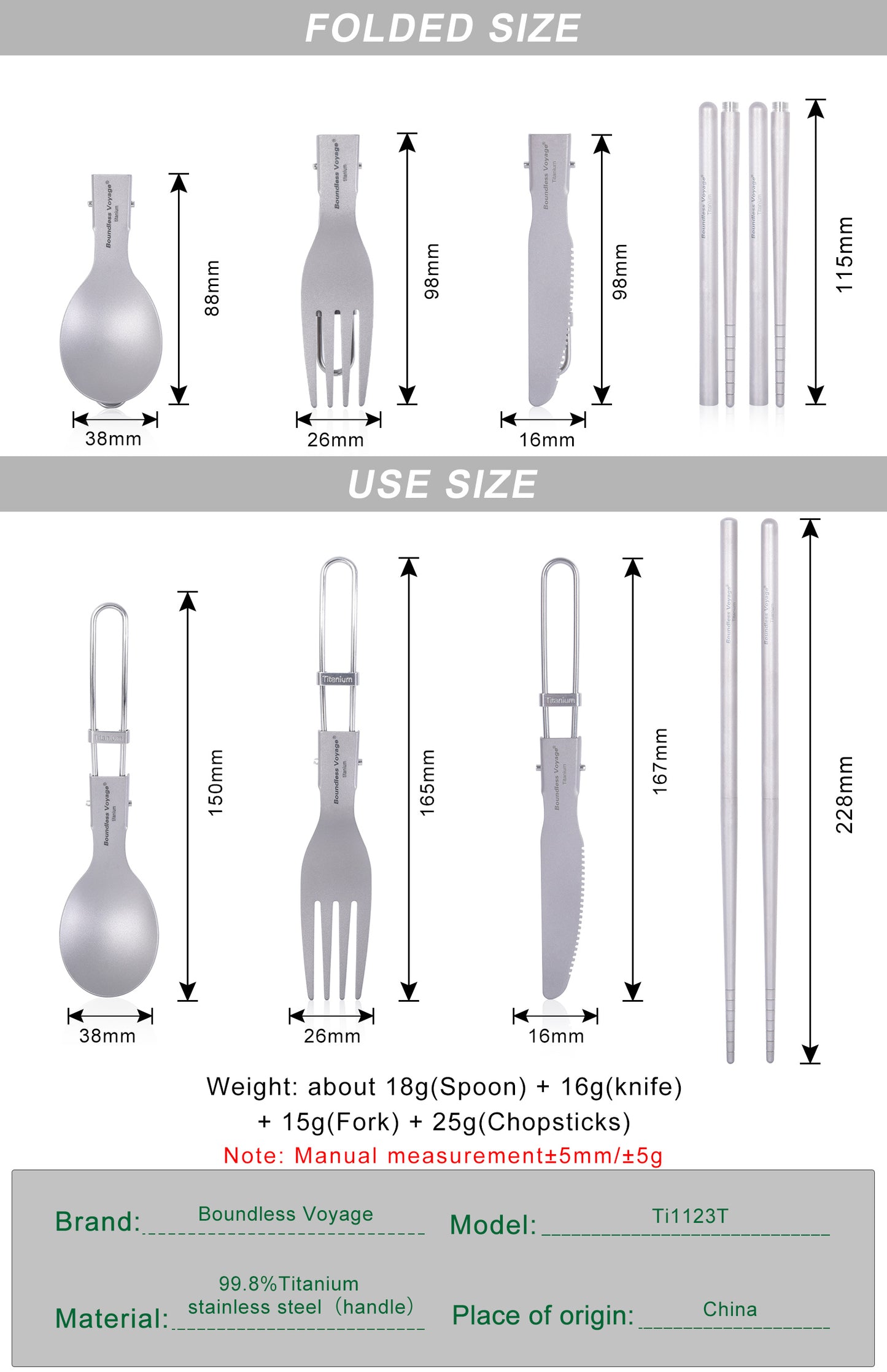 Boundless Voyage Titanium Folding Cutlery Set, 4Pcs Foldable Knife, Fork, Spoon & Chopsticks, Ultralight Portable Tableware for Camping, Hiking, Picnic & Daily Home Use Ti1123T