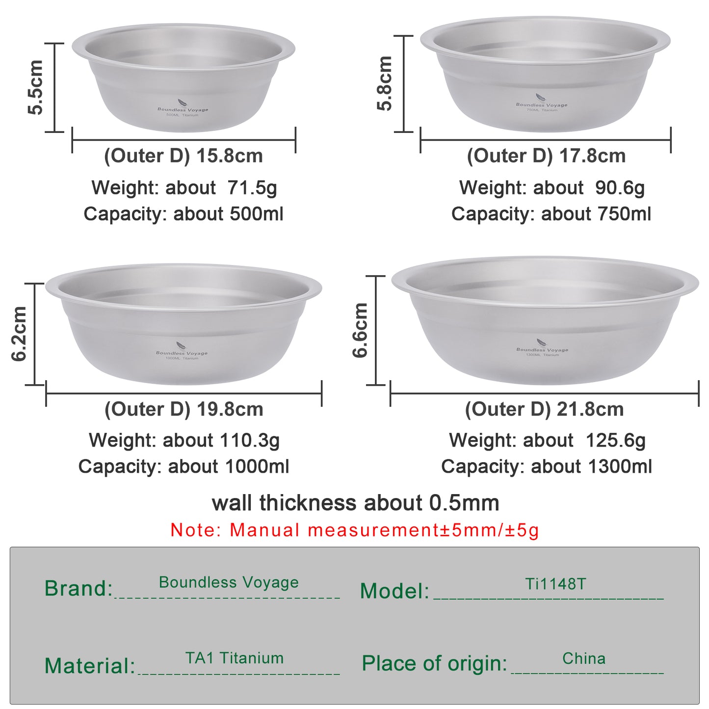 Boundless Voyage Titanium Bowl Rice Soup Salad Serving Bowl Ultralight Outdoor Camping Travel Durable Portable Tableware