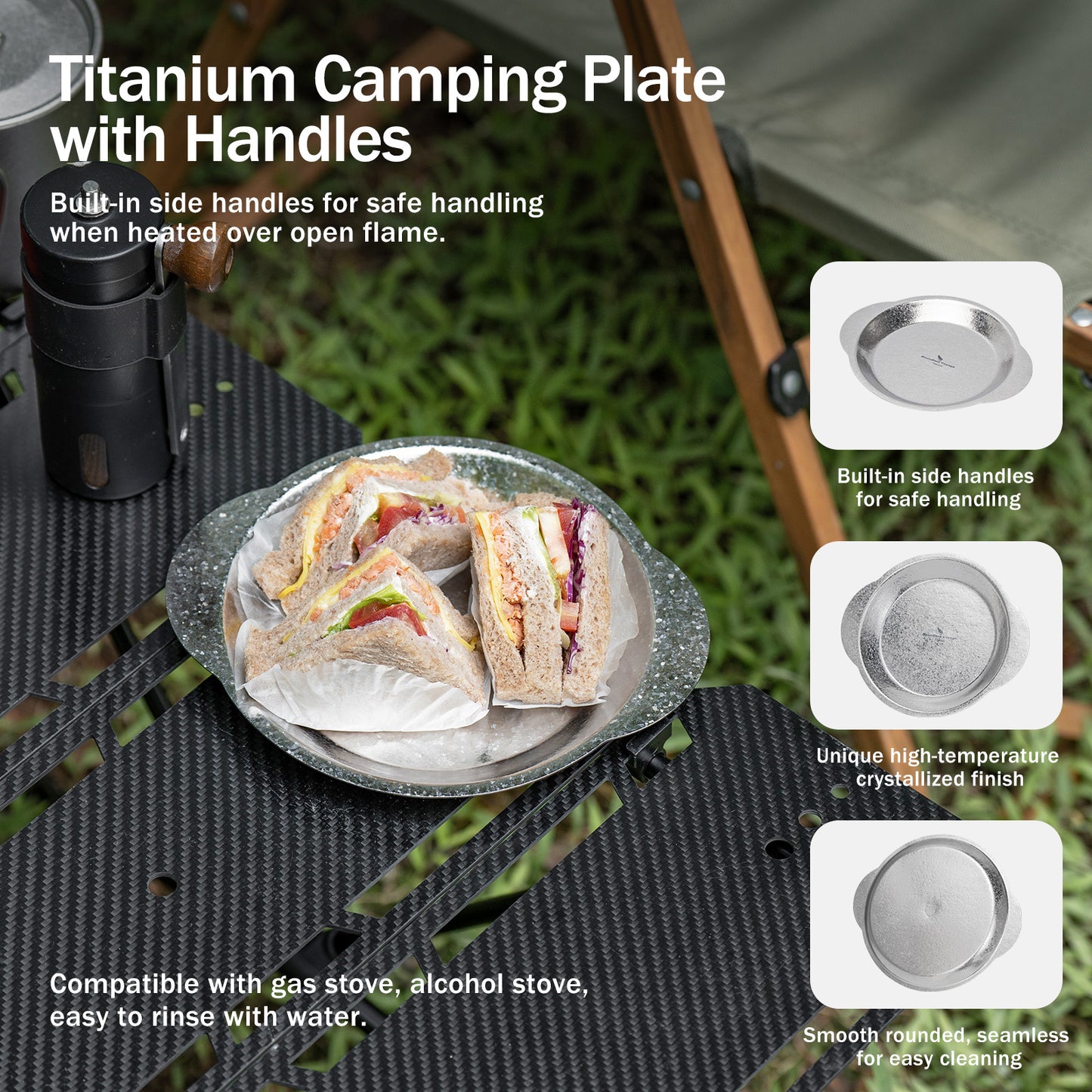 Boundless Voyage Titanium Camping Plate with Side Handles, Stackable Ultralight Serving Dish for Outdoor Cooking Picnic Home Kitchen Ti1155T-Ti1158T