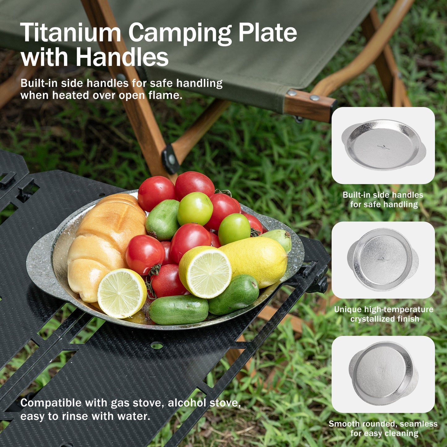 Boundless Voyage Titanium Camping Plate with Side Handles, Stackable Ultralight Serving Dish for Outdoor Cooking Picnic Home Kitchen Ti1155T-Ti1158T