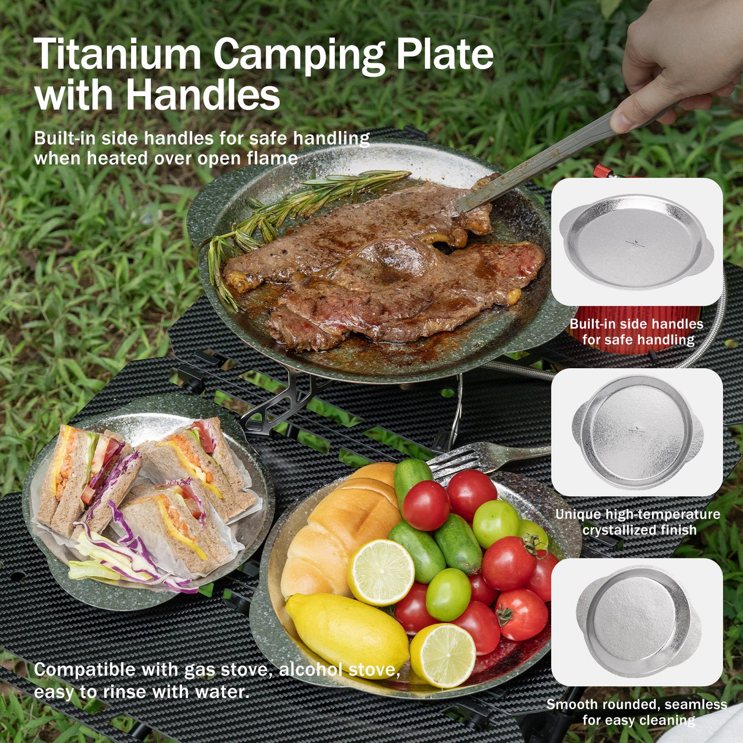 Boundless Voyage Titanium Camping Plate with Side Handles, Stackable Ultralight Serving Dish for Outdoor Cooking Picnic Home Kitchen Ti1155T-Ti1158T