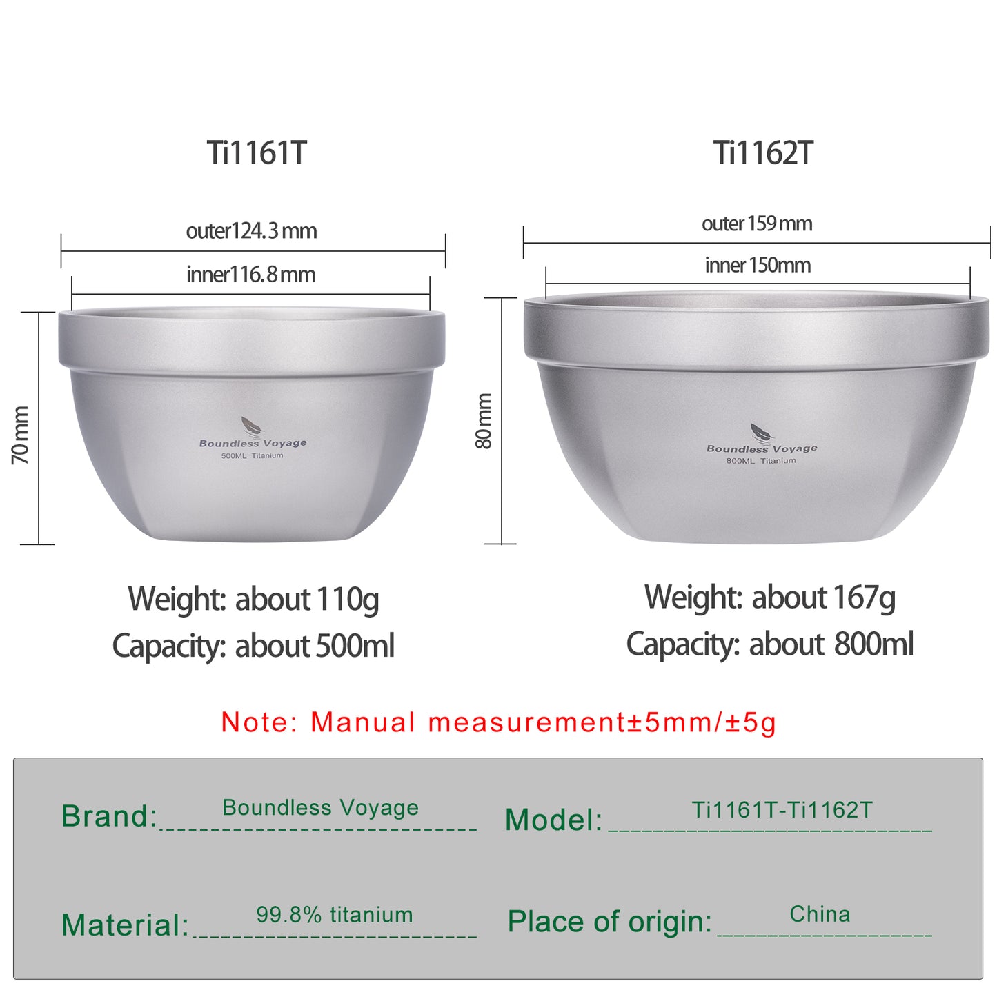 Boundless Voyage Sandblasted Double Walled Pure Titanium Bowl 500ml / 800ml | Ultralight Portable Metal Tableware for Oatmeal, Rice, Soup, Outdoor Camping & Daily Home Use Ti1161T-Ti1163T