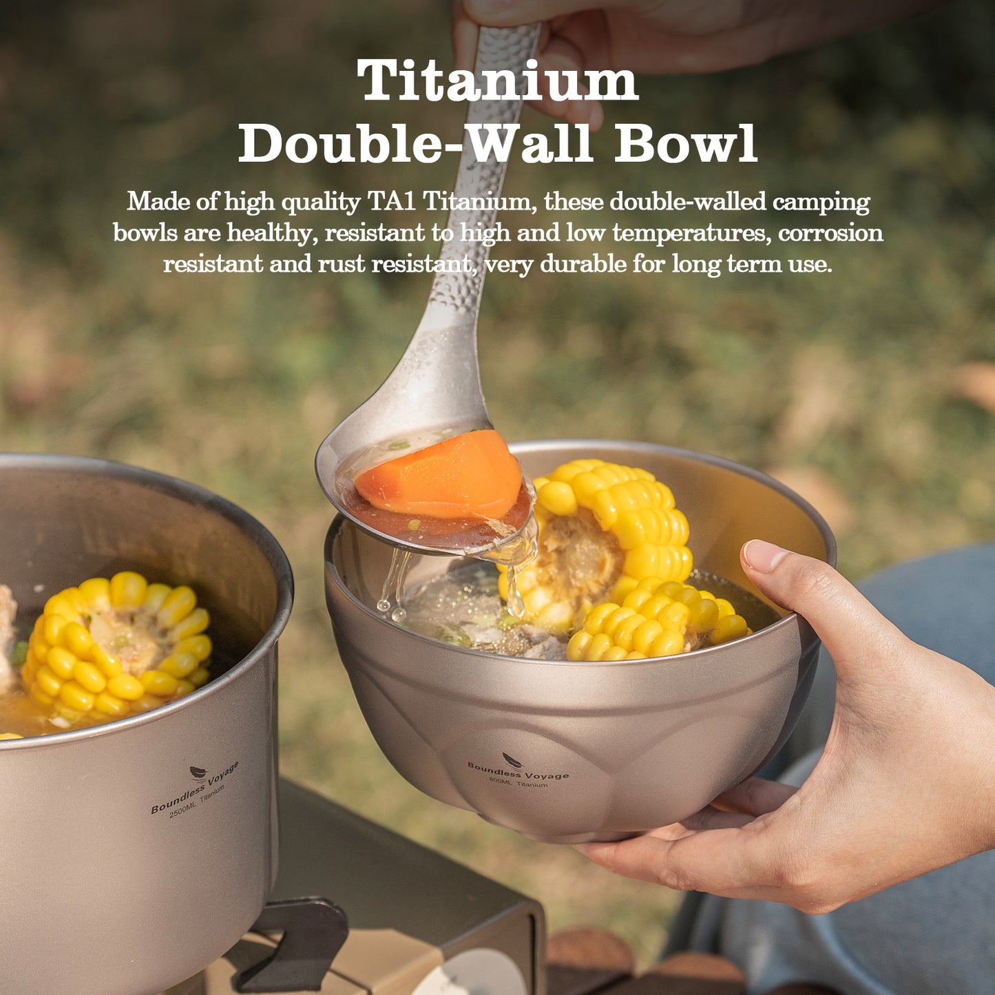 Boundless Voyage 500 ml / 800 ml Titan-Doppelwand-Schale, Reise- und Campinggeschirr, ultraleicht, langlebig, tragbar, für Reis, Suppe, Haferflocken, Joghurt, Ti1171T-Ti1173T