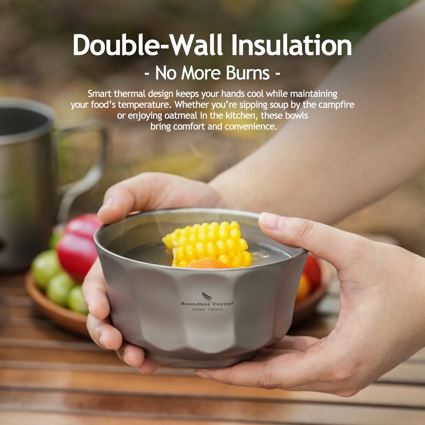 Boundless Voyage Sandblasted Double-Walled Pure Titanium Bowl 500ml & 800ml | Anti-Scald Lightweight Rust-Proof Tableware for Camping, Hiking, Outdoor & Daily Home Use Ti1174T-Ti1176T