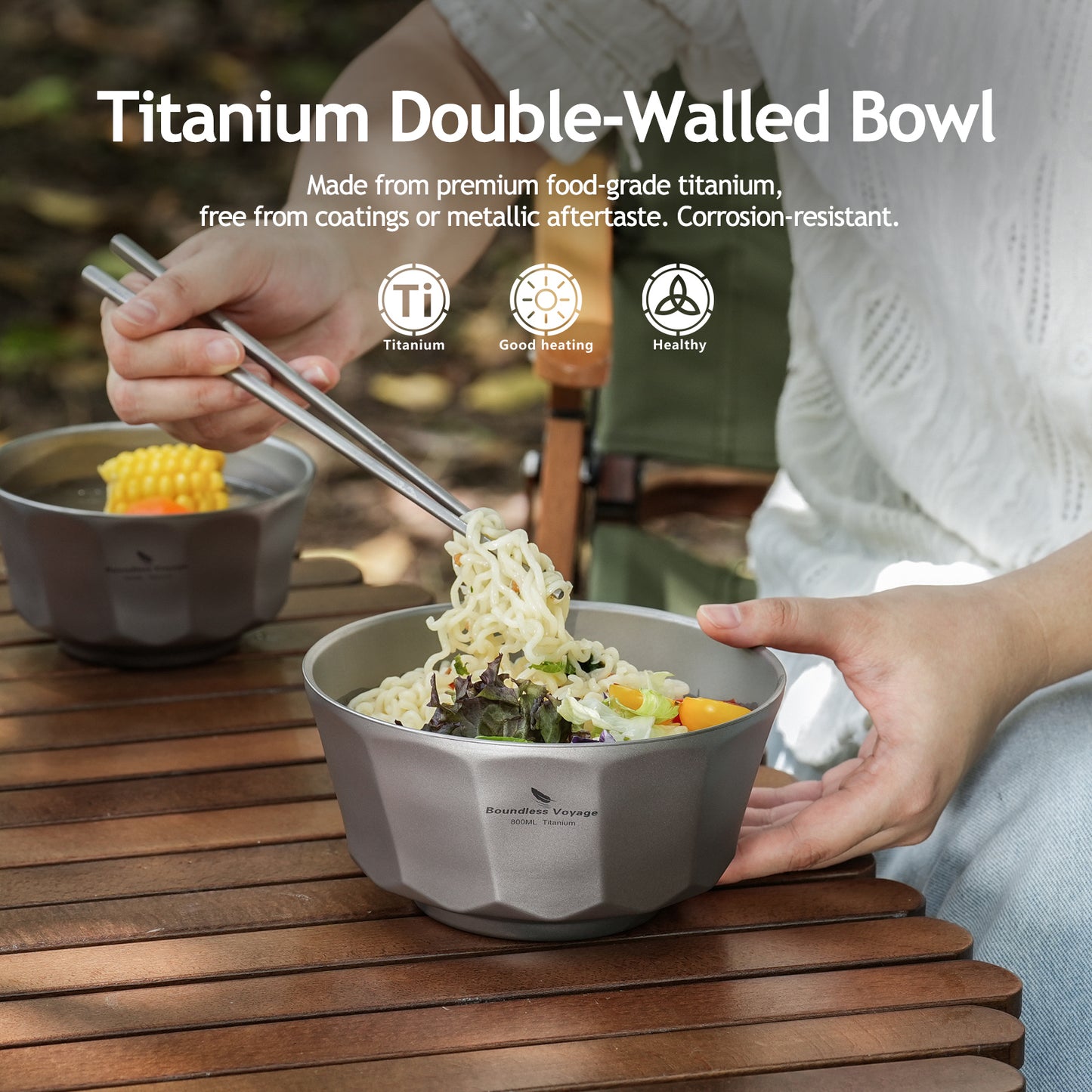 Boundless Voyage Sandblasted Double-Walled Pure Titanium Bowl 500ml & 800ml | Anti-Scald Lightweight Rust-Proof Tableware for Camping, Hiking, Outdoor & Daily Home Use Ti1174T-Ti1176T