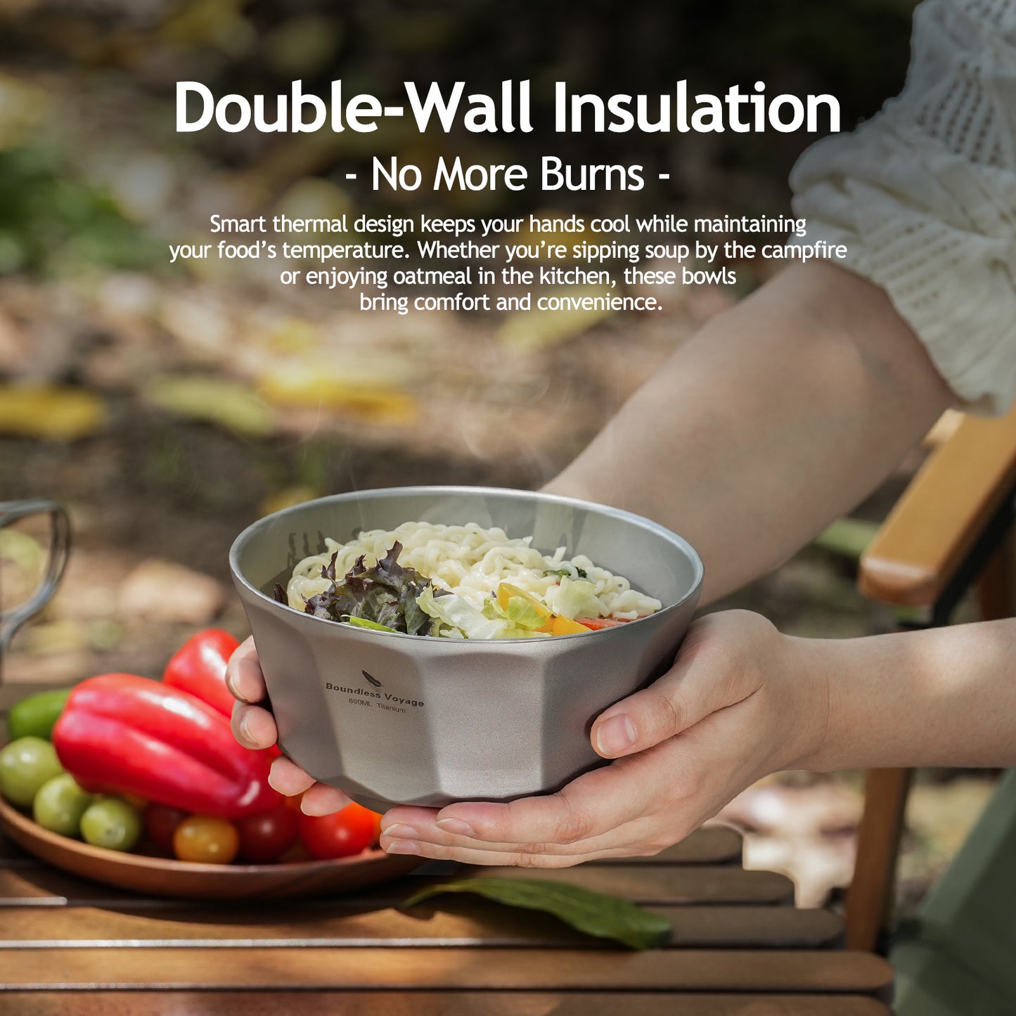 Boundless Voyage Sandblasted Double-Walled Pure Titanium Bowl 500ml & 800ml | Anti-Scald Lightweight Rust-Proof Tableware for Camping, Hiking, Outdoor & Daily Home Use Ti1174T-Ti1176T