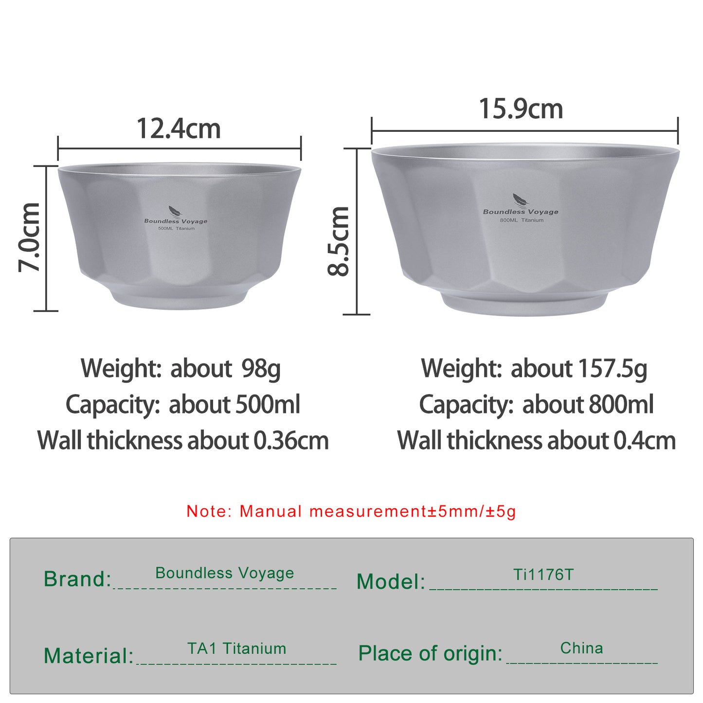 Boundless Voyage Sandblasted Double-Walled Pure Titanium Bowl 500ml & 800ml | Anti-Scald Lightweight Rust-Proof Tableware for Camping, Hiking, Outdoor & Daily Home Use Ti1174T-Ti1176T