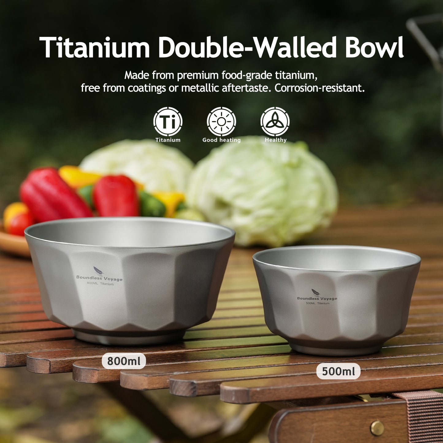 Boundless Voyage Sandblasted Double-Walled Pure Titanium Bowl 500ml & 800ml | Anti-Scald Lightweight Rust-Proof Tableware for Camping, Hiking, Outdoor & Daily Home Use Ti1174T-Ti1176T