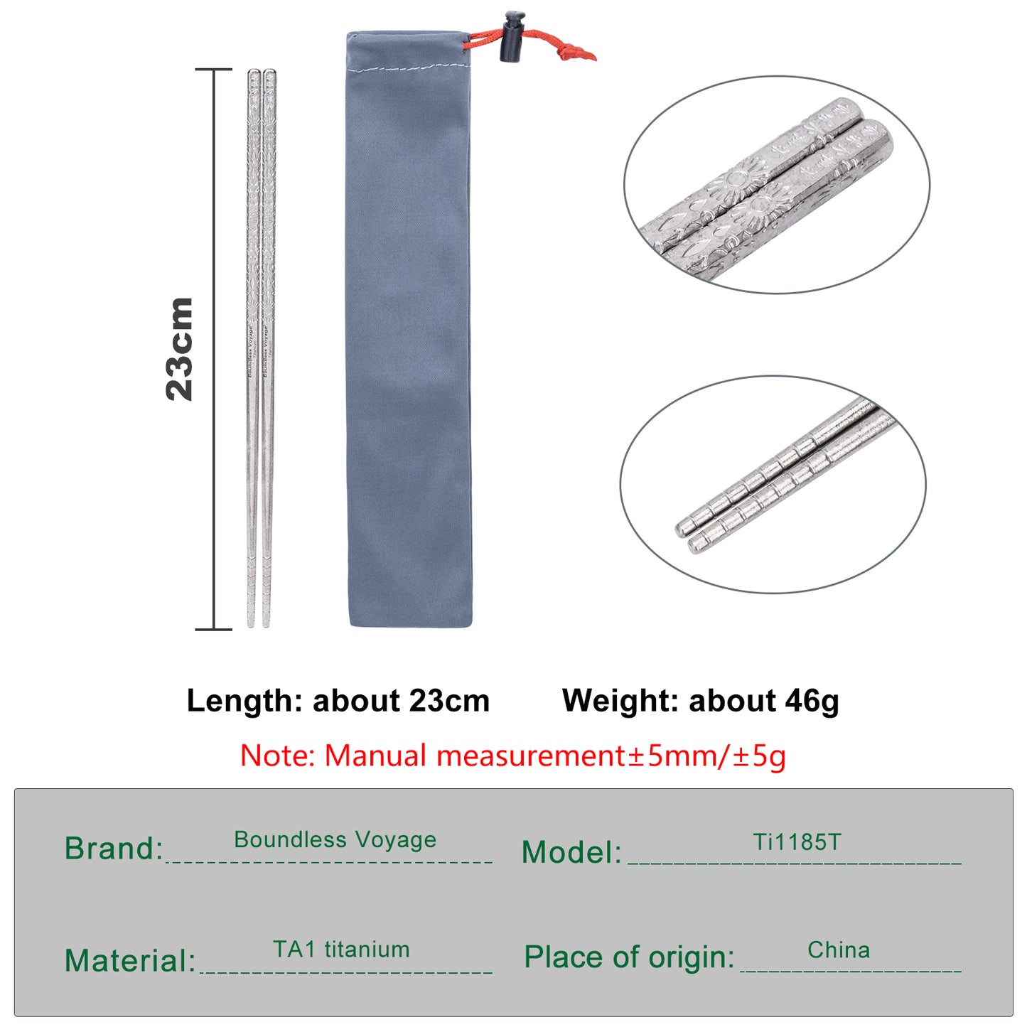 Boundless Voyage 23cm Solid Pure Titanium Chopsticks, Coating-Free Non-Slip Reusable Tableware for Outdoor Camping Travel Office Household & Premium Gift Ti1185T
