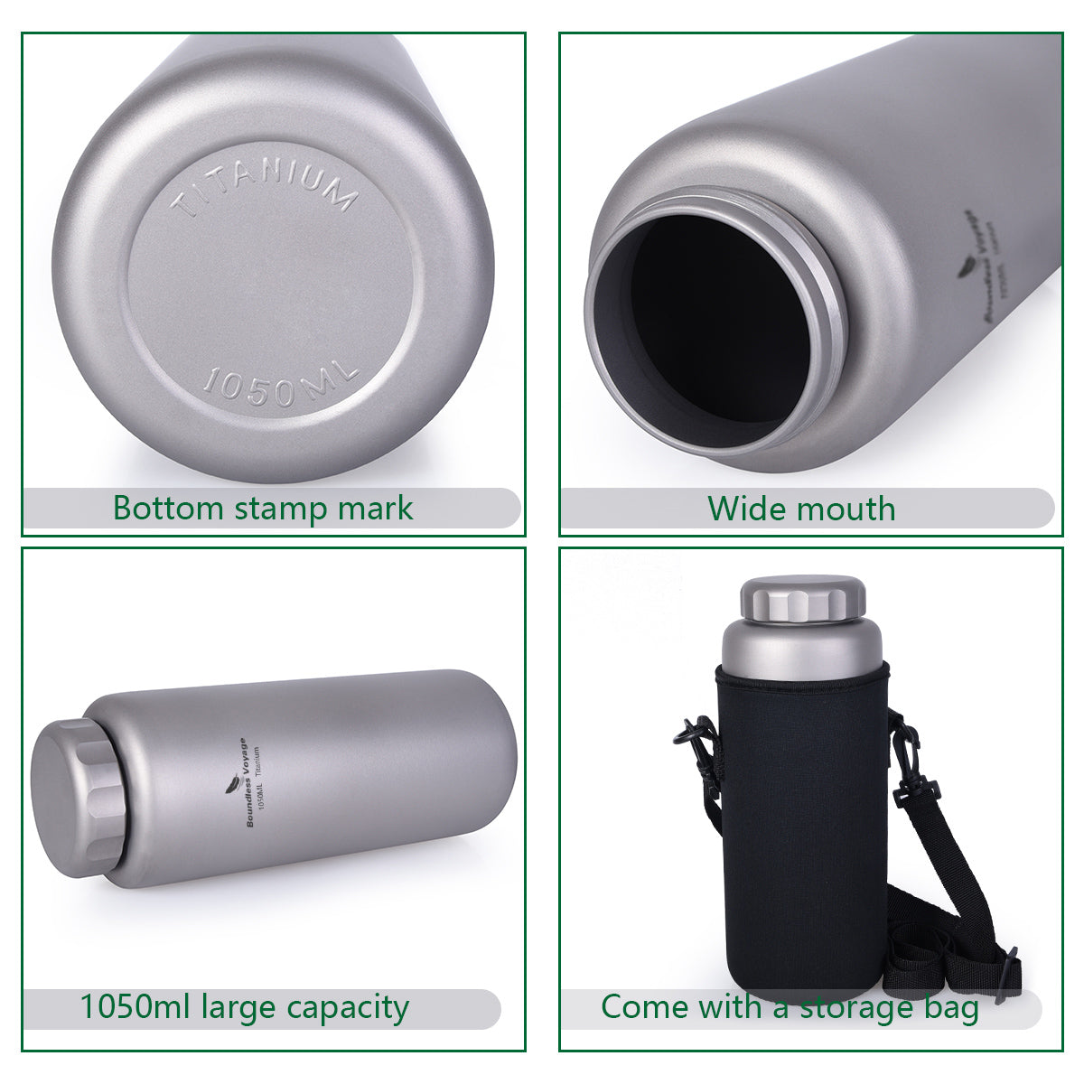 Boundless Voyage 1050ml Titanium Sport Water Bottle Ultralight Wide Mouth Leakproof for Camping Hiking Ti3005D