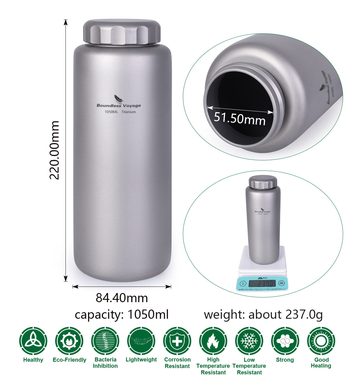 Boundless Voyage 1050ml Titanium Sport Water Bottle Ultralight Wide Mouth Leakproof for Camping Hiking Ti3005D