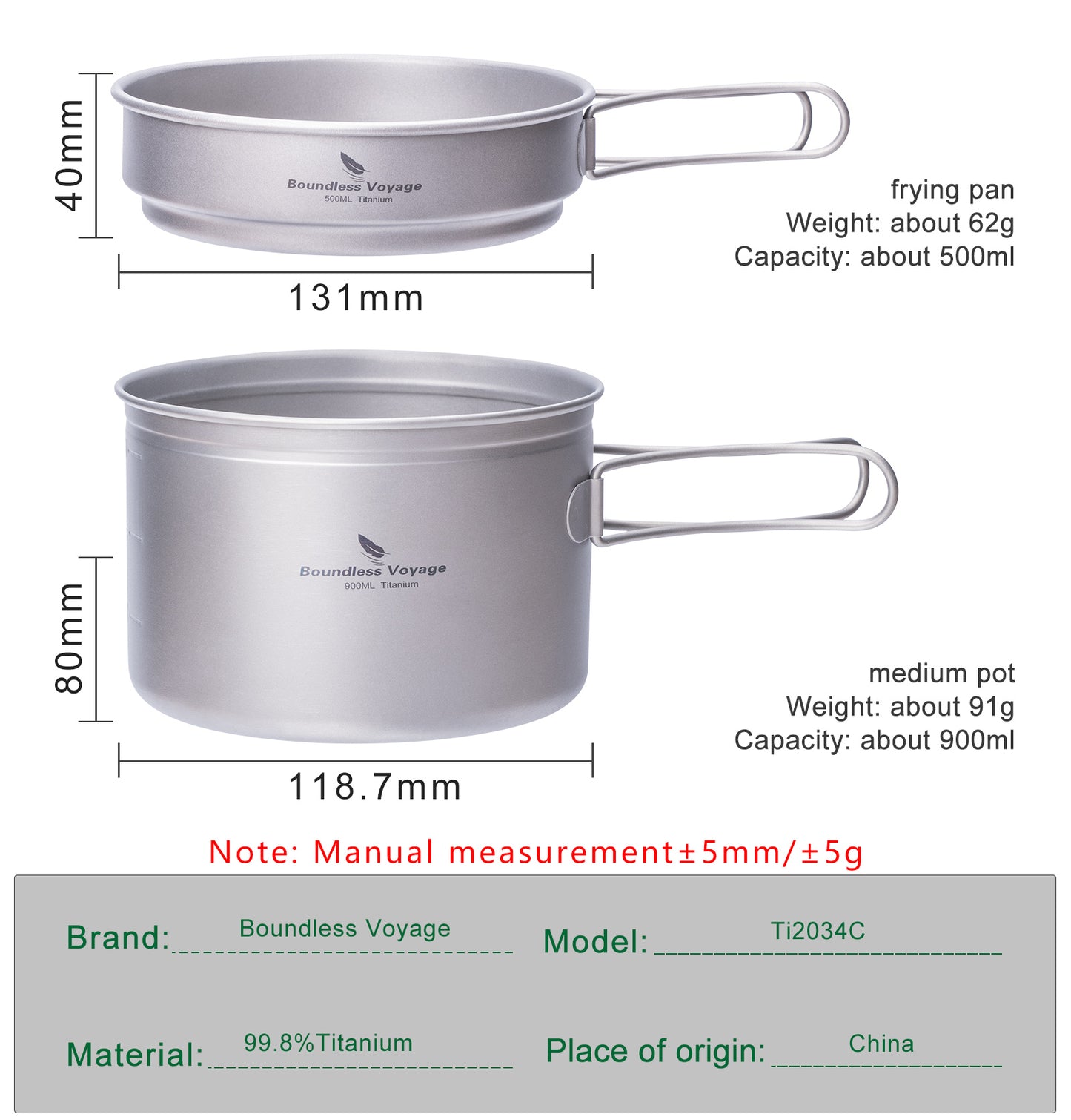 Boundless Voyage Titanium Camping Pots & Pans Set Foldable Handle, 500ml 900ml 1080ml Ultralight Cookware Kit for 1-2 Person Hiking Picnic Ti2034C/Ti2035C/Ti2036C
