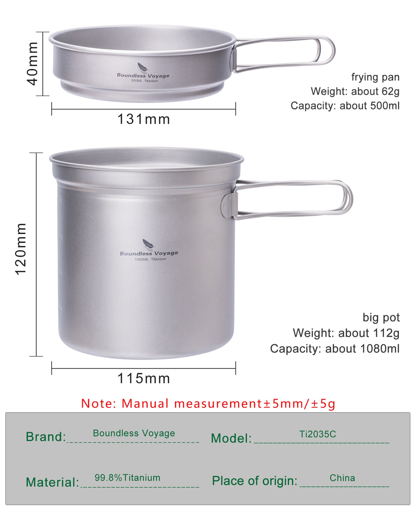 Boundless Voyage Titanium Camping Pots & Pans Set Foldable Handle, 500ml 900ml 1080ml Ultralight Cookware Kit for 1-2 Person Hiking Picnic Ti2034C/Ti2035C/Ti2036C
