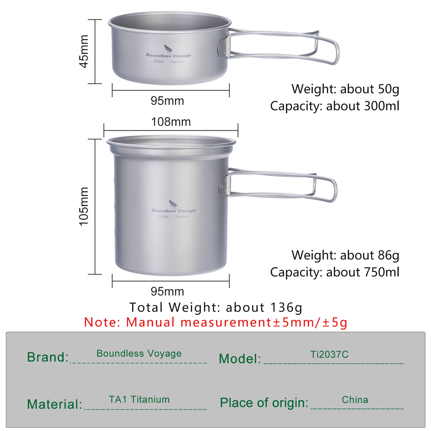 Boundless Voyage Outdoor Titanium Pot with Pan Set with Collapsible Folding Handle for Outdoor Camping Cooking Hiking Backpacking Portable Cookware Ti2037C-Ti2039C