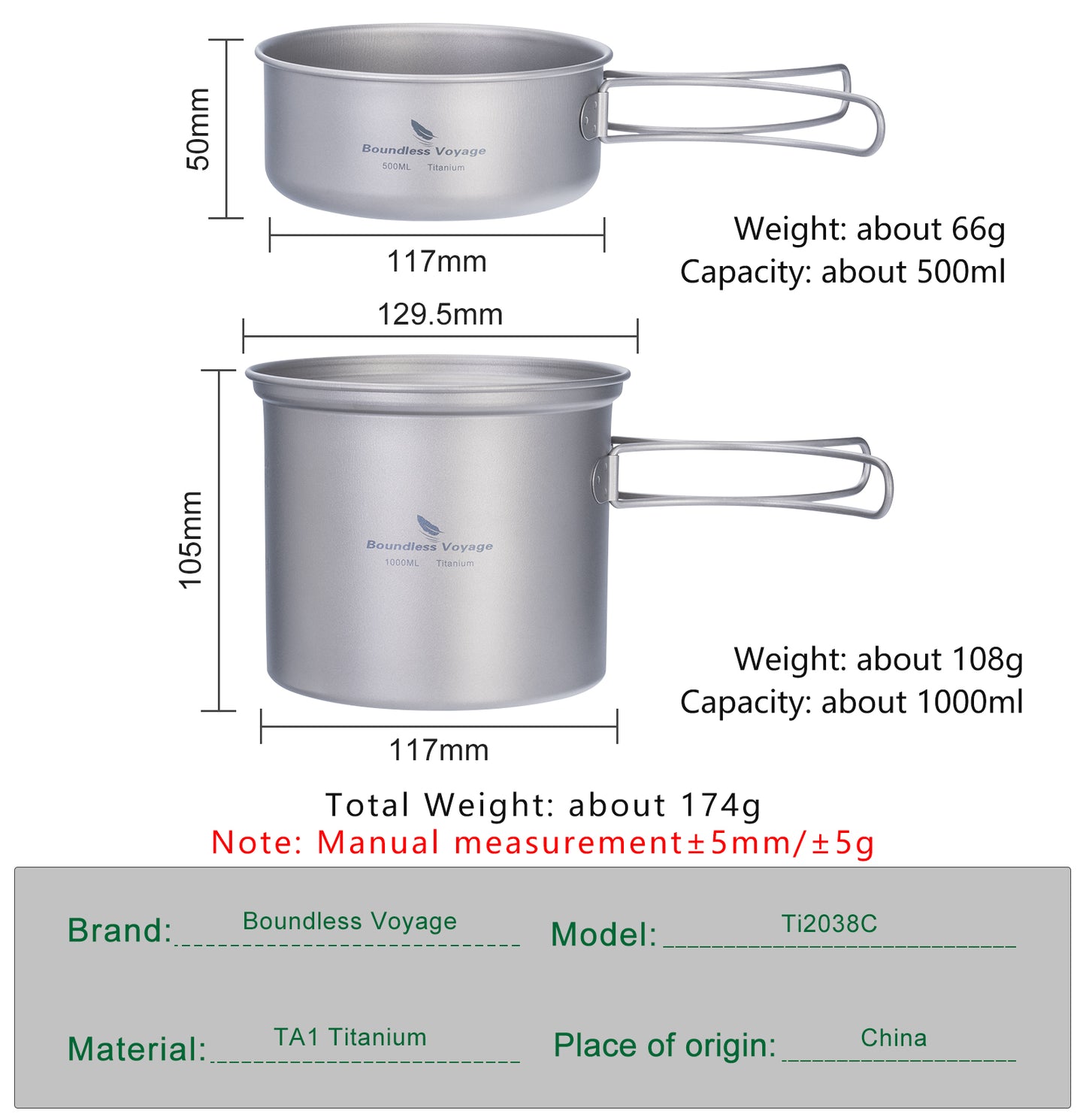 Boundless Voyage Outdoor Titanium Pot with Pan Set with Collapsible Folding Handle for Outdoor Camping Cooking Hiking Backpacking Portable Cookware Ti2037C-Ti2039C