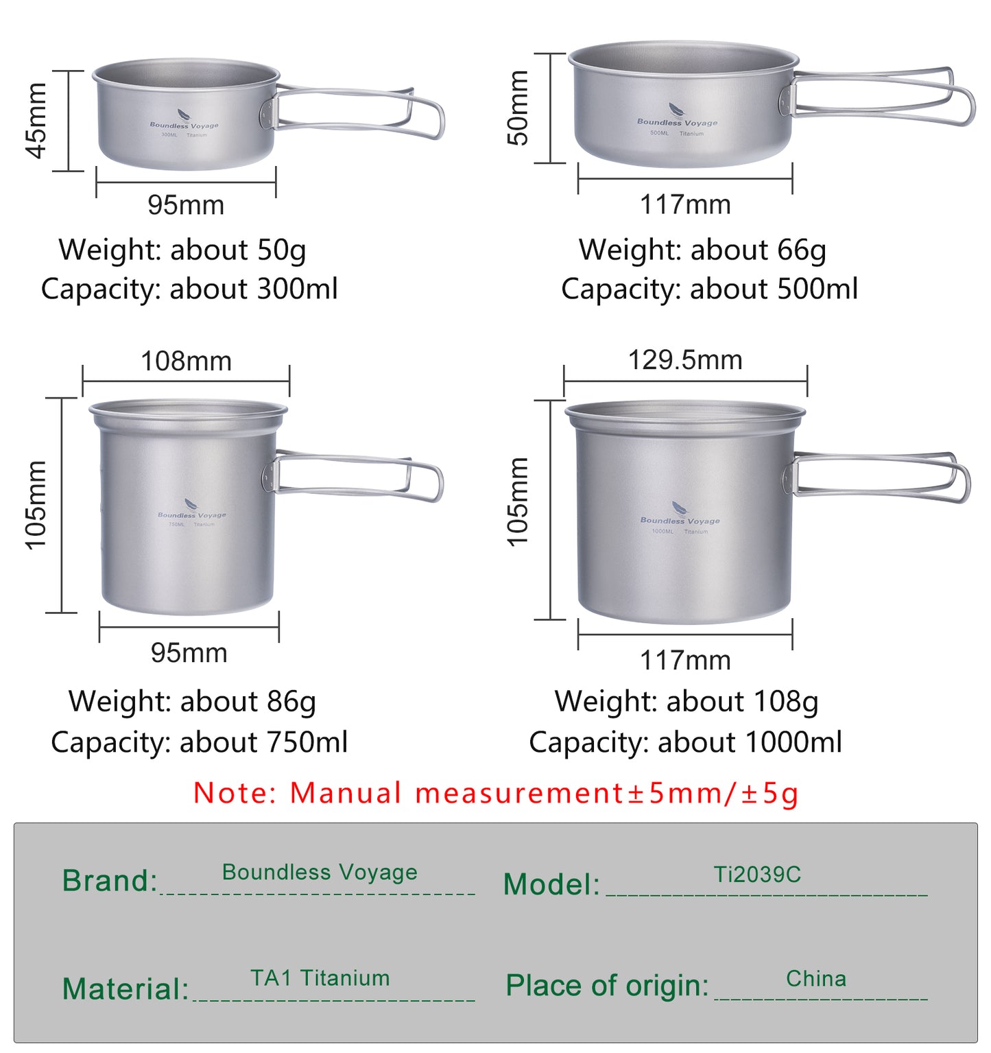 Boundless Voyage Outdoor Titanium Pot with Pan Set with Collapsible Folding Handle for Outdoor Camping Cooking Hiking Backpacking Portable Cookware Ti2037C-Ti2039C