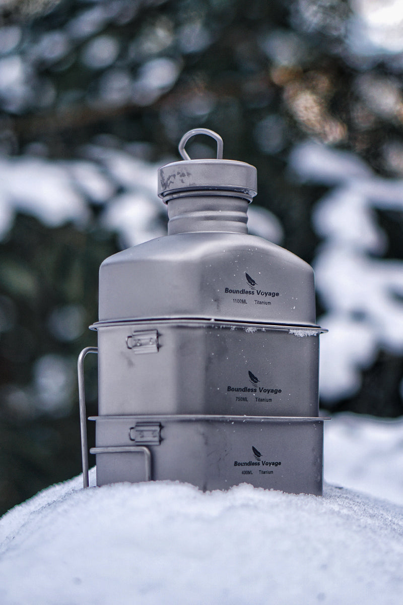 Boundless Voyage Titanium Military Canteen Cups Set Outdoor Camping Water Bottle Bowl Kettle Cooking Set Mess Kit Ti2047C-Ti2049C